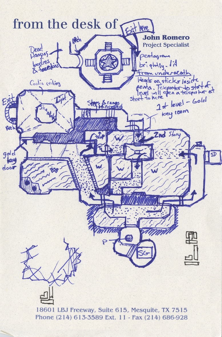 “I started sketching levels by hand due to the intricacies and possibilities in a true 3D space. No one had done anything like this before, and it was necessary to conceptualize in the old before creating something in the new.” — John Romero