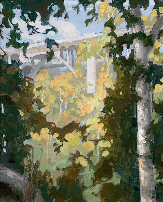 Nice to do some work close to home. When I work in gouache I think about design more than color and also the use of hard edges rather than soft ones.
&ldquo;Looking through the Sycamores; Colorado St. Bridge&rdquo;
Gouache 16&rdquo;x 12&rdquo;