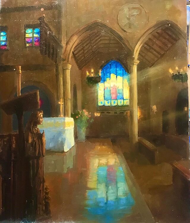 I really enjoy painting inside beautiful old churches. This is in the transept All Saints Episcopal Church in Pasadena with Tiffany stained glass windows 
Oil/panel 24&rdquo;x 20&rdquo;