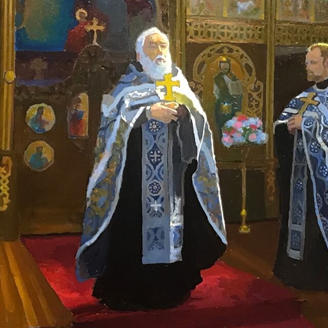 Just laid in this painting last night of Father Victor and Father Christopher on Forgiveness Sunday at the Russian Orthodox Church, Protection of the Holy Virgin; Hollywood CA.
Oil/panel 20&rdquo;x 24&rdquo;
Hope to finish it in the next few weeks.