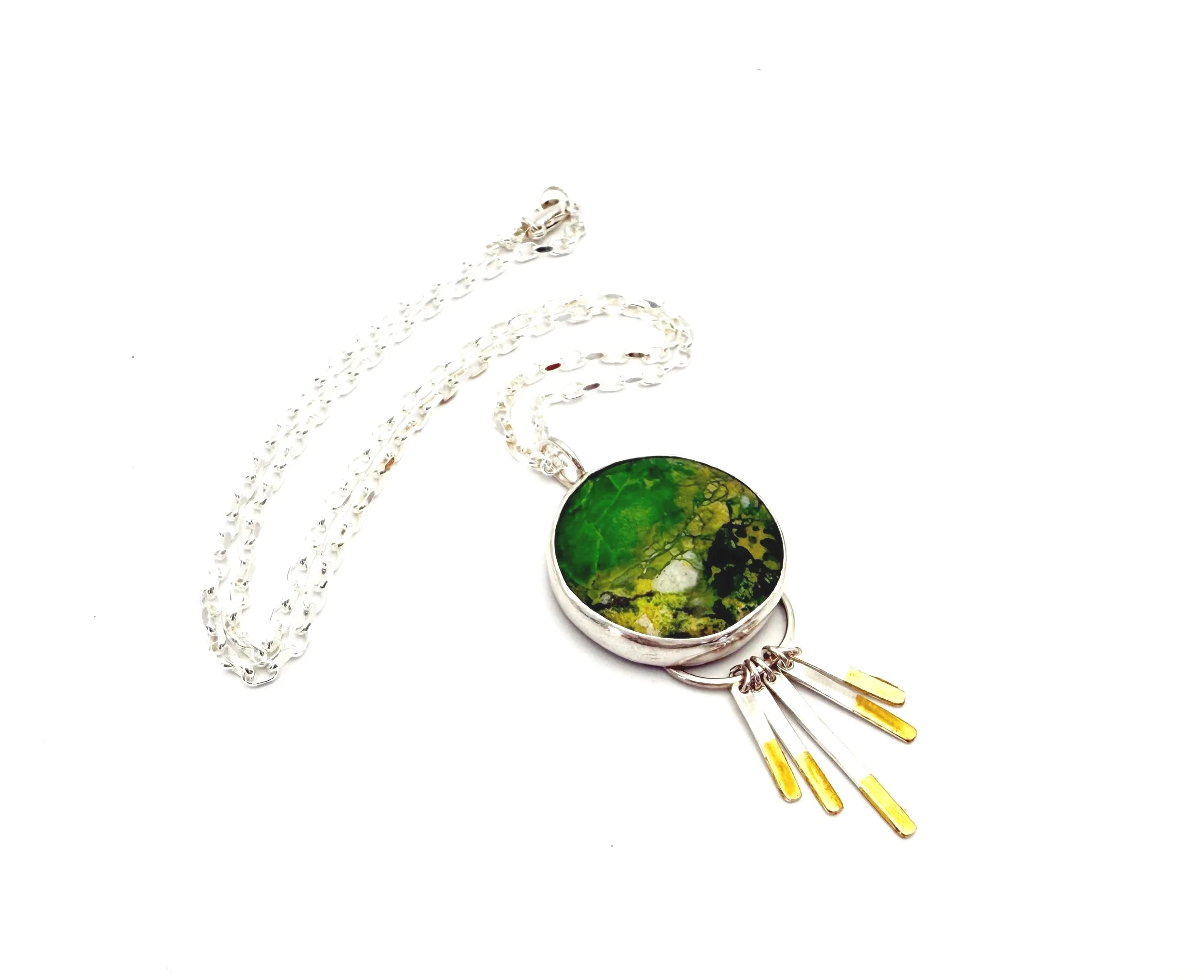 round green variscite pendant necklace in silver and gold