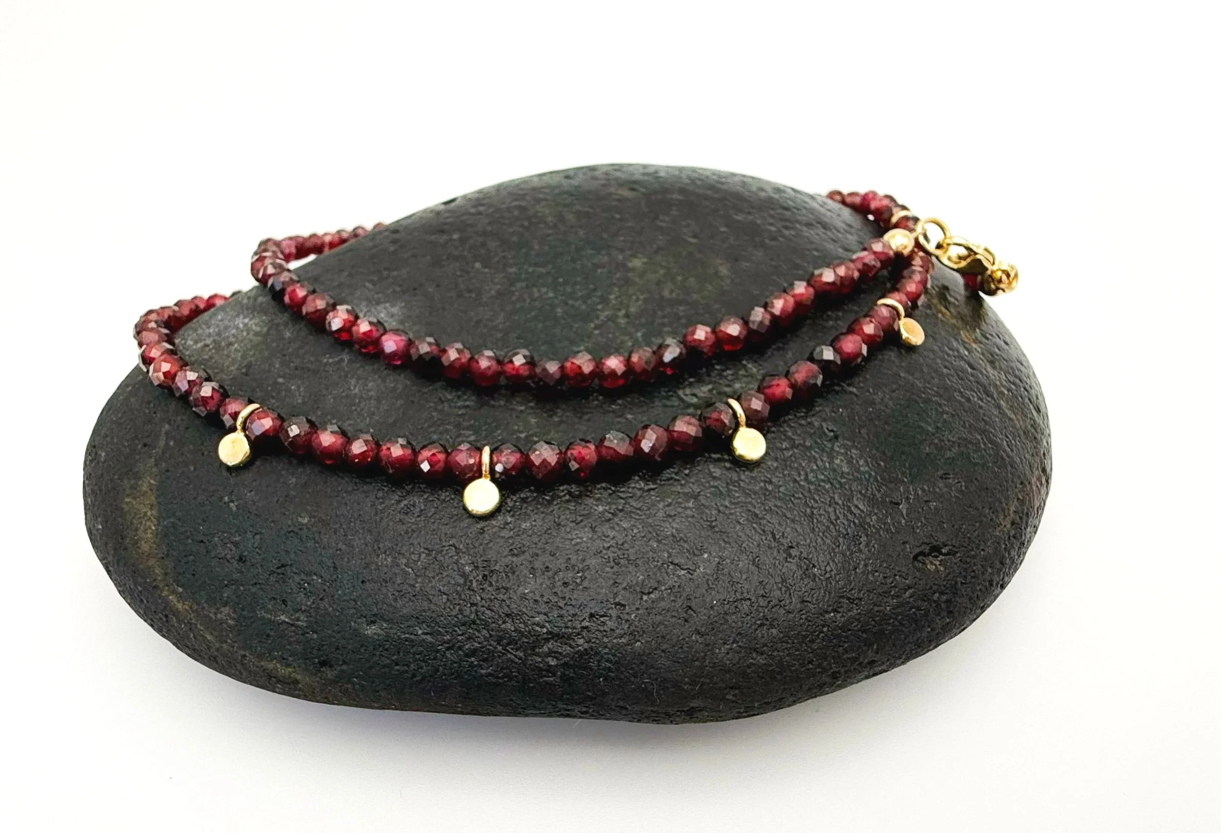 14k solid gold garnet beaded necklace handmade