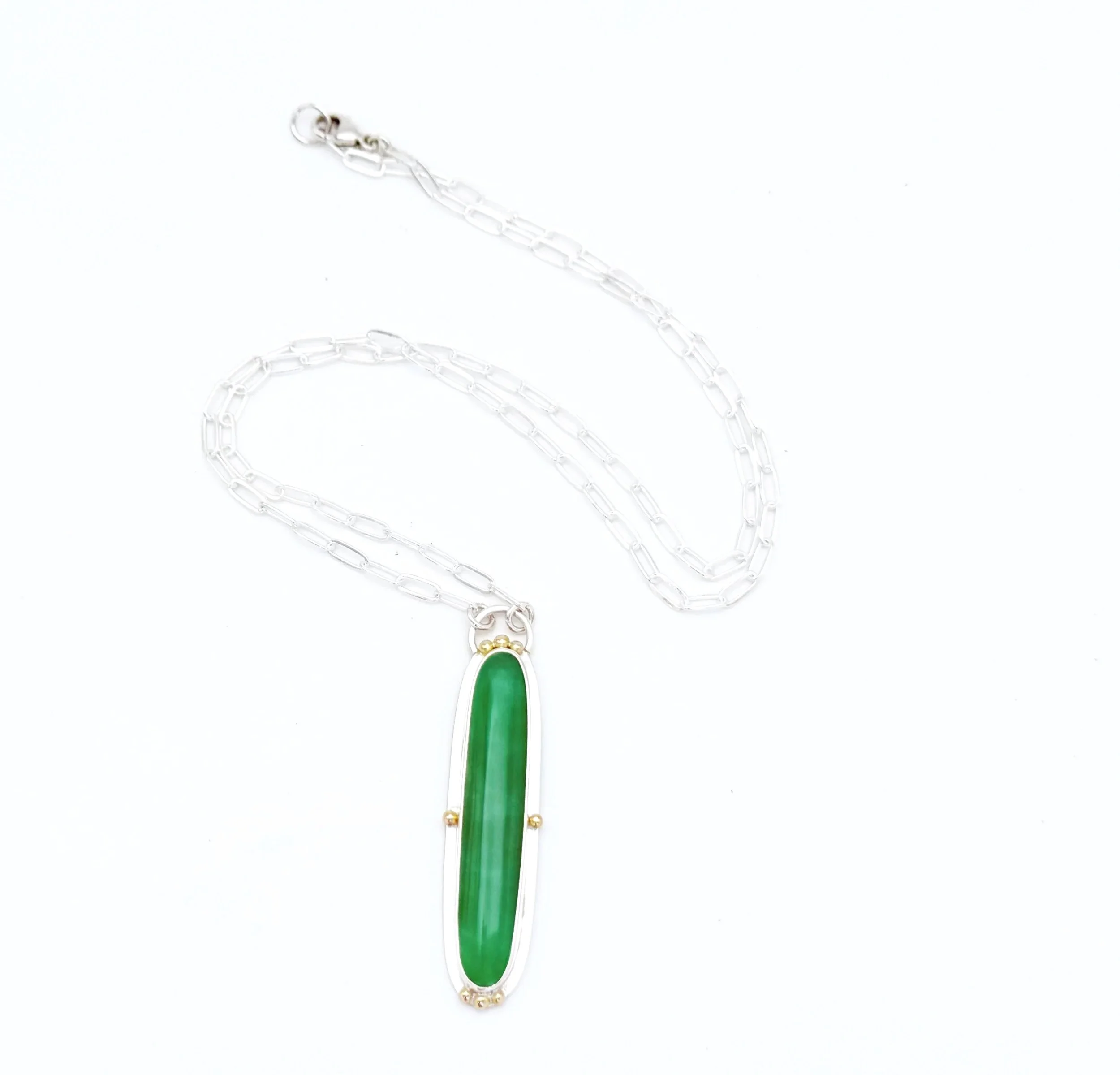 Full length of the chrysoprase necklace with its paperclip chain, on white