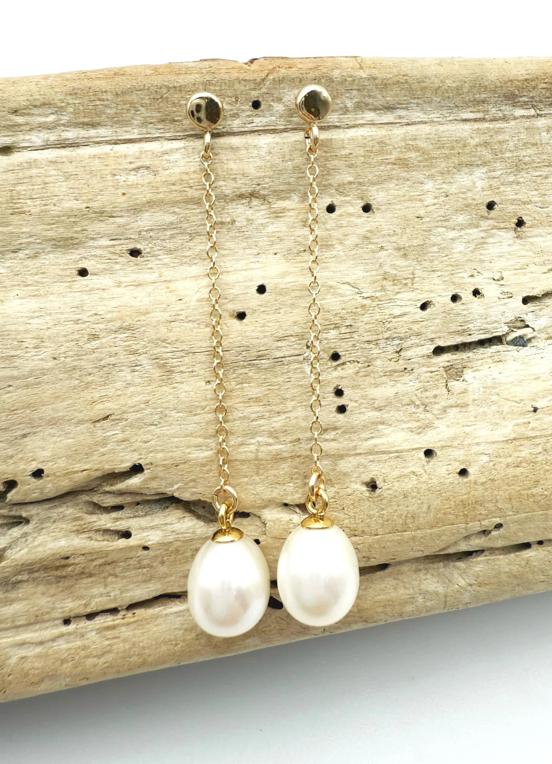 14k solid gold long pearl dangle earrings