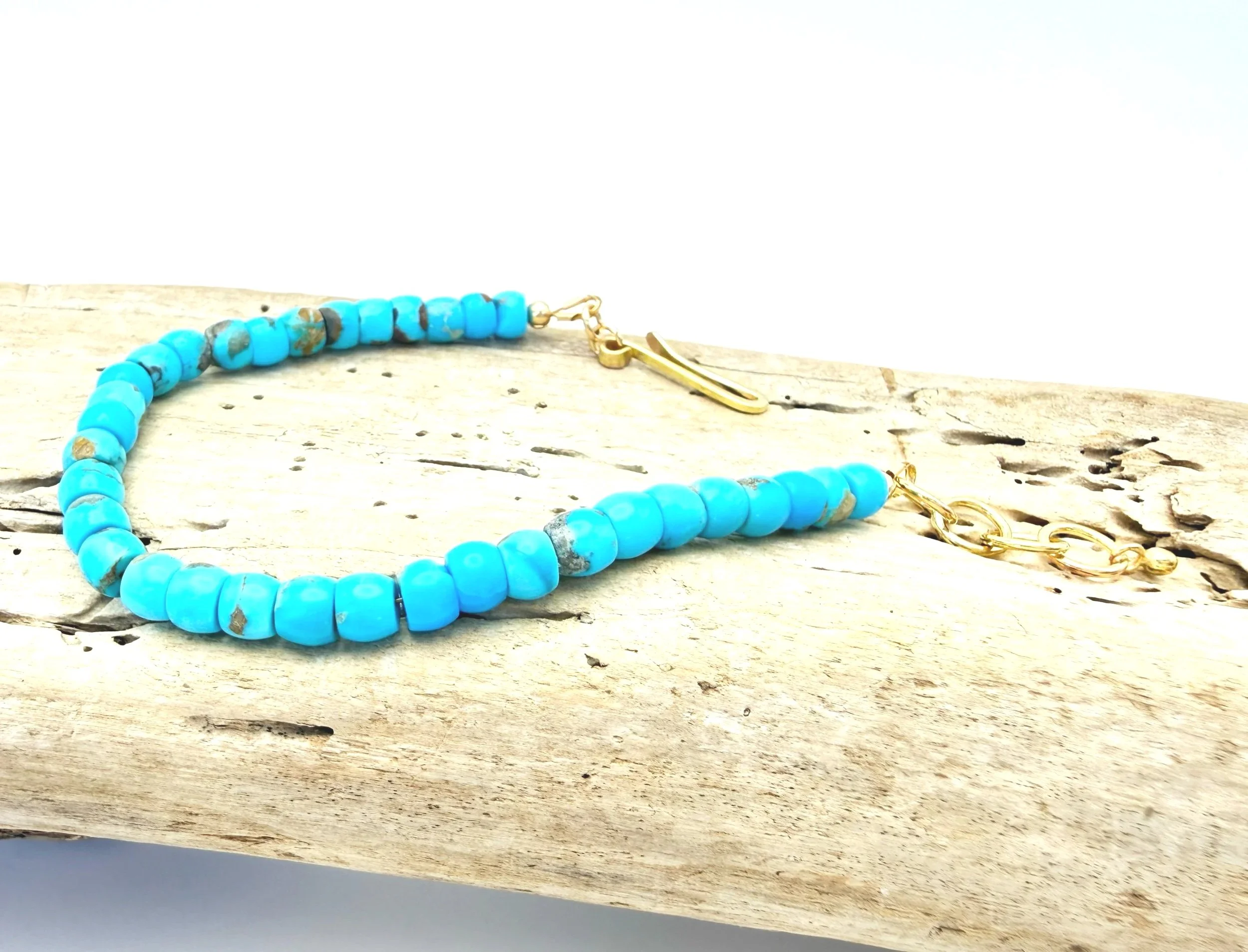 Handmade Blue Turquoise Beaded Bracelet in 14k Solid Gold