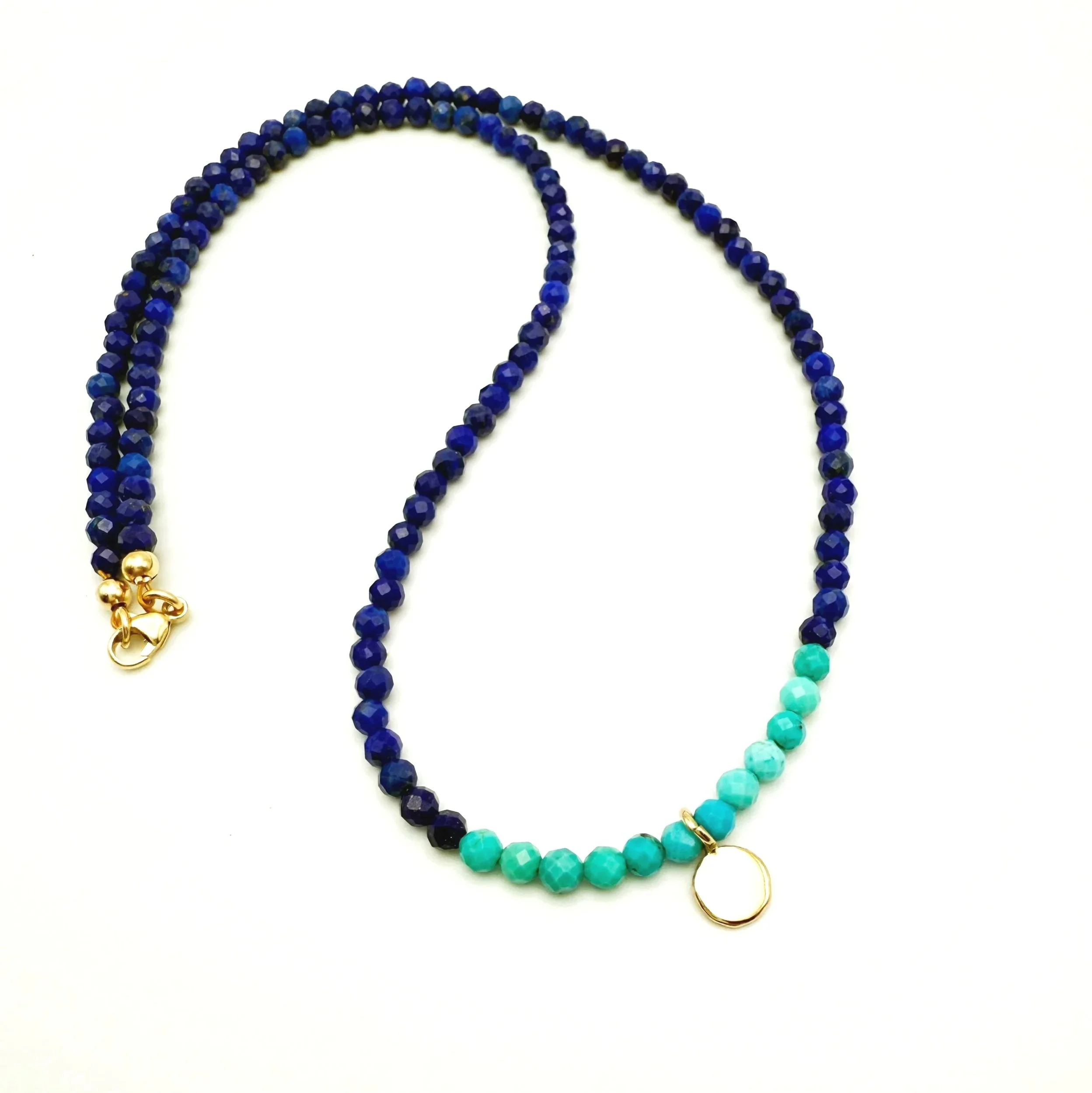 lapis lazuli beaded necklace with turquoise and 14k gold