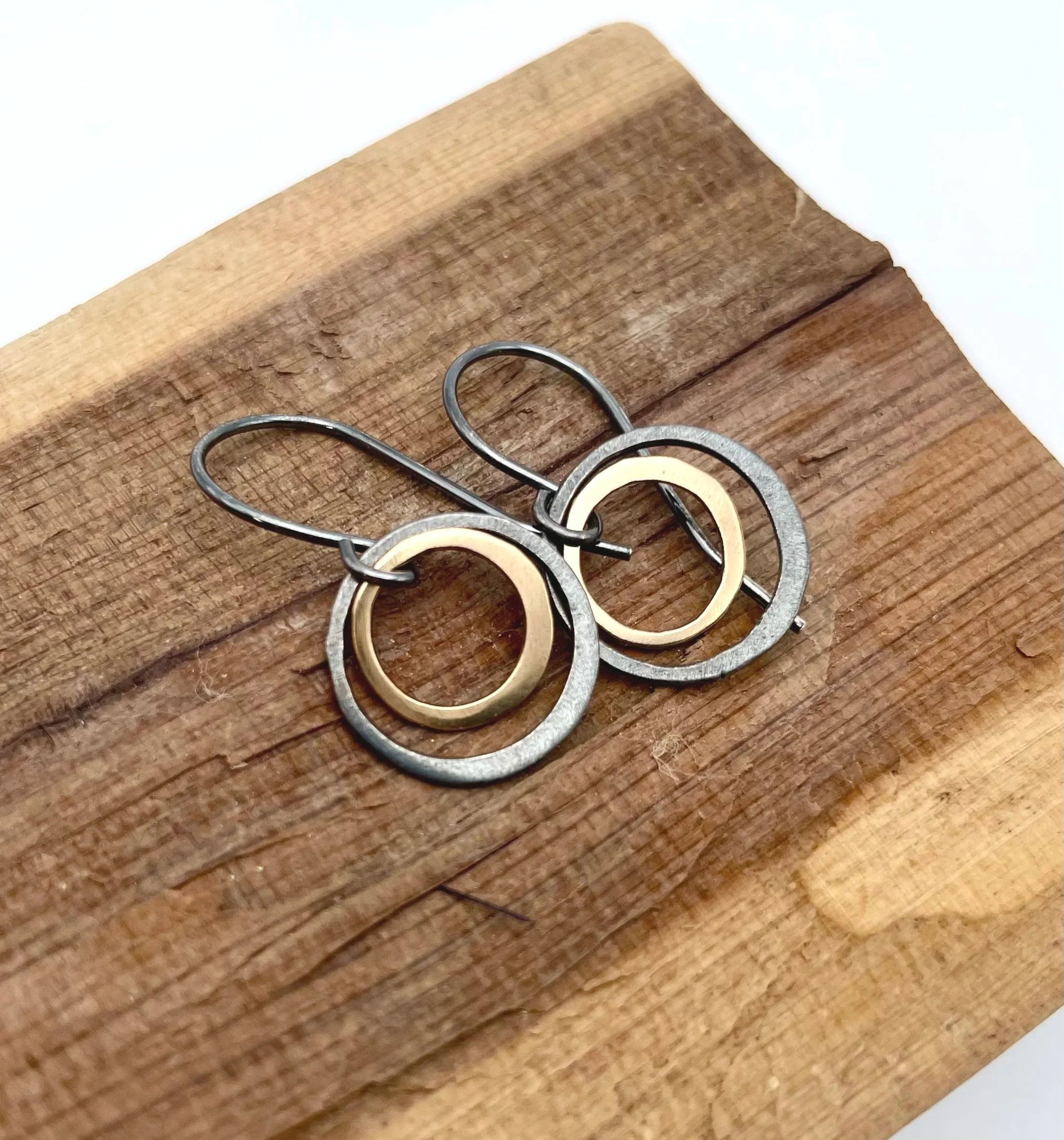 oxidized silver and gold double hoop earrings