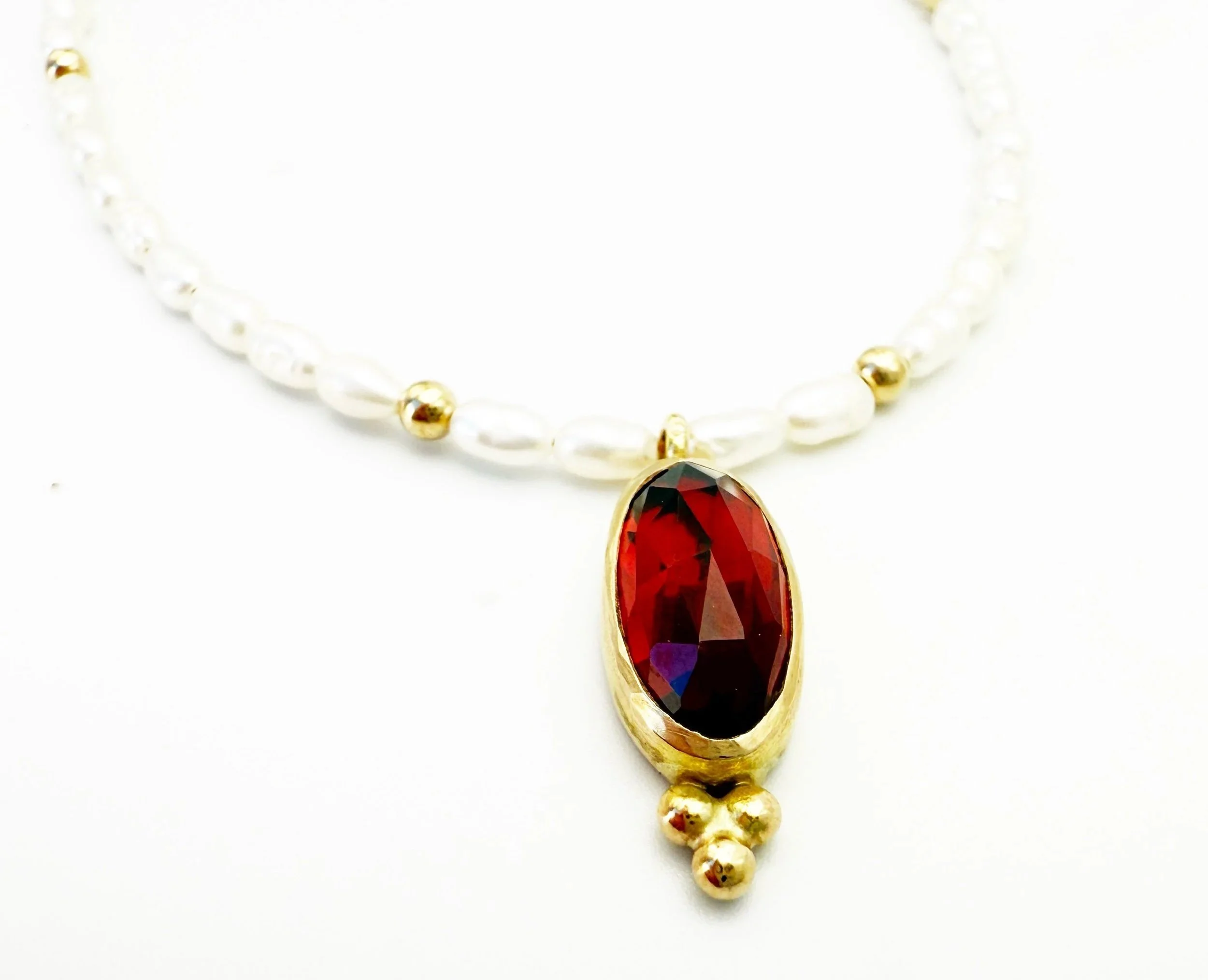 oval rose cut garnet pendant necklace with pearls, 14k