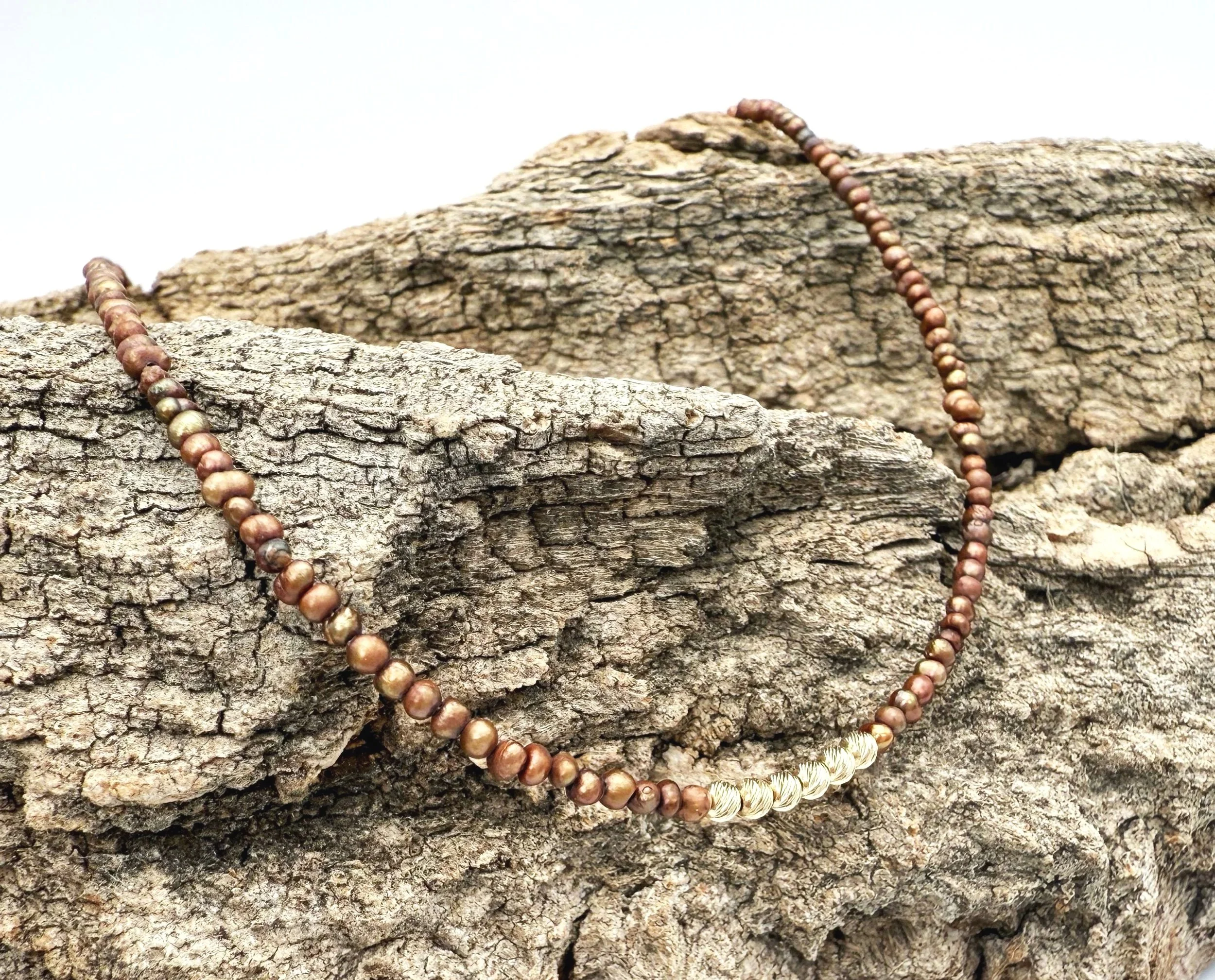 tiny bronze pearl beaded necklace, 14k gold