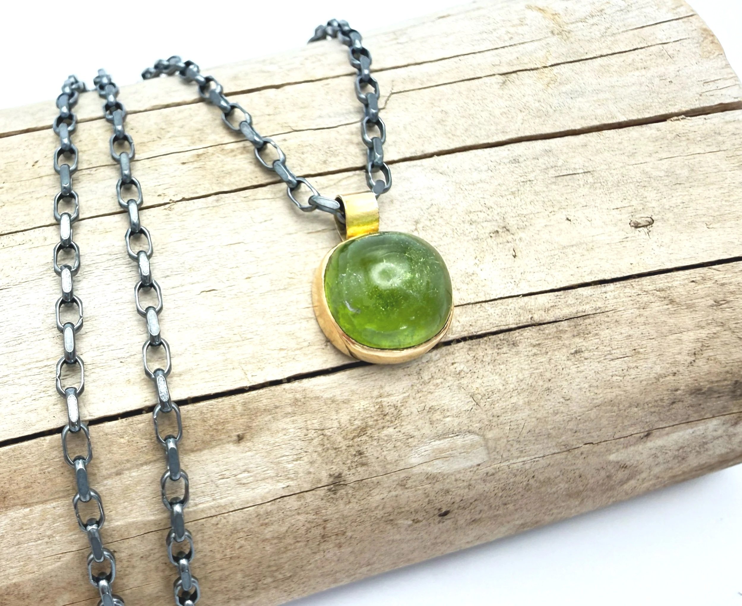 oxidized silver and gold green gemstone necklace