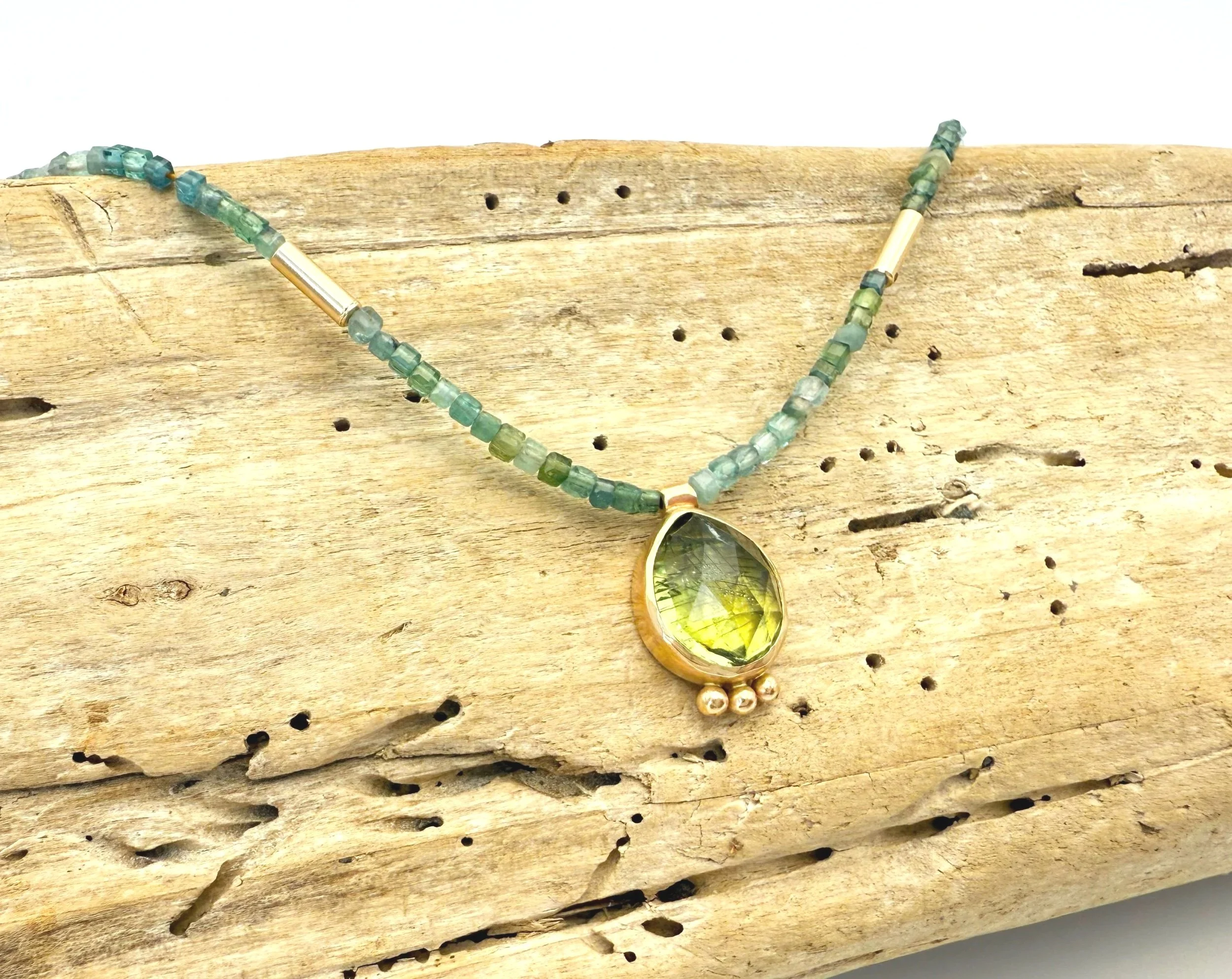 gold peridot pendant necklace with tourmaline beads