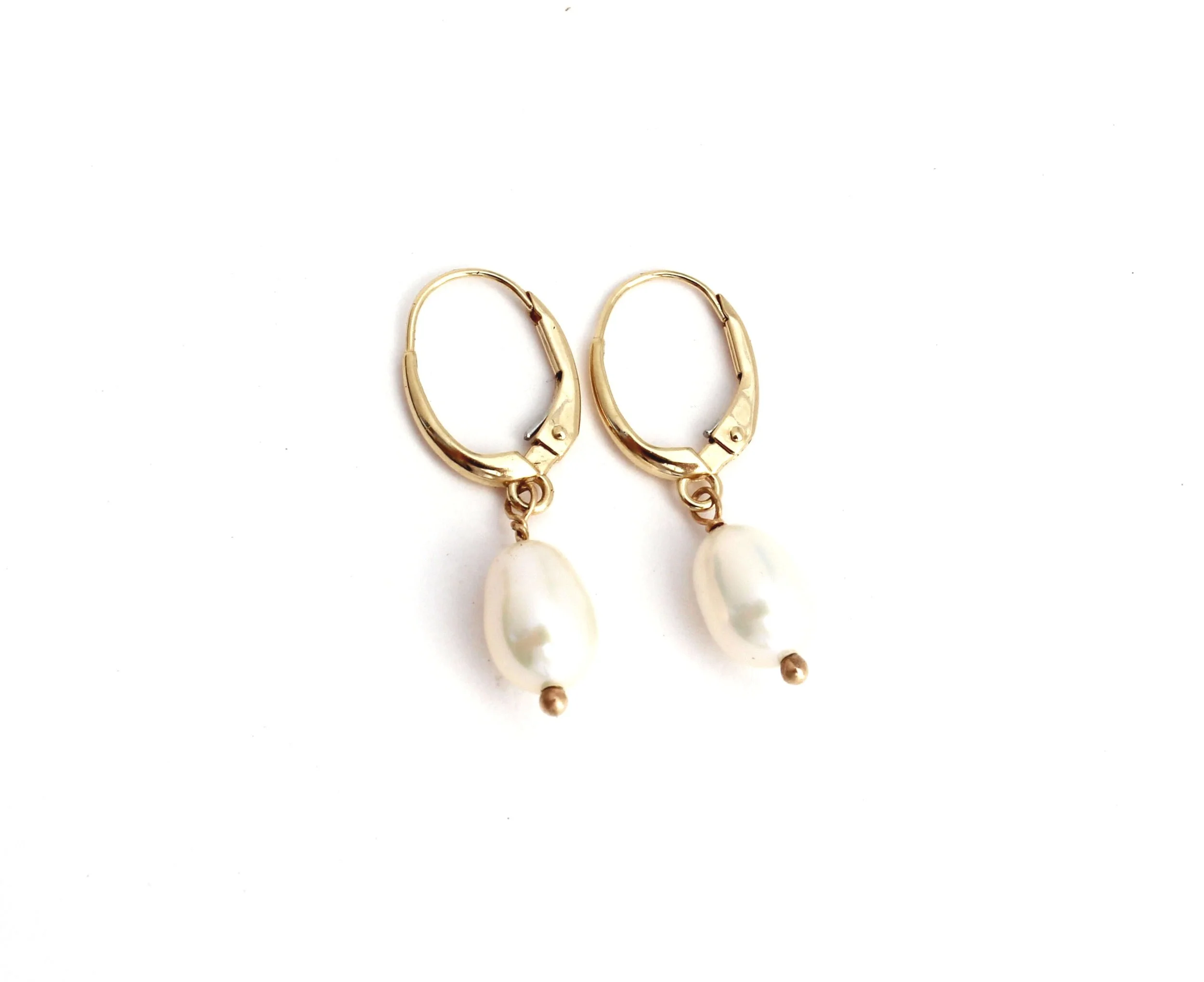 gold leverback pearl earrings 14k