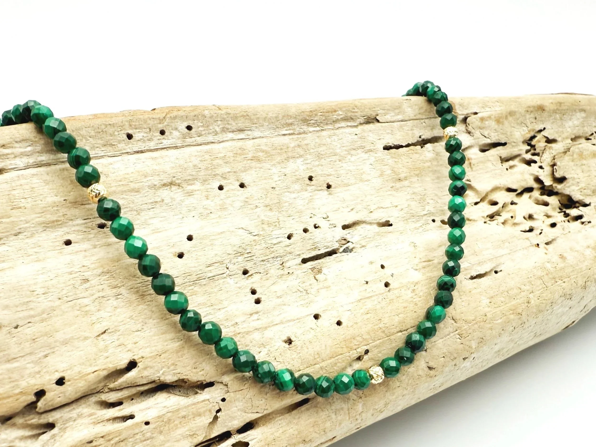 malachite beaded necklace 14k solid gold