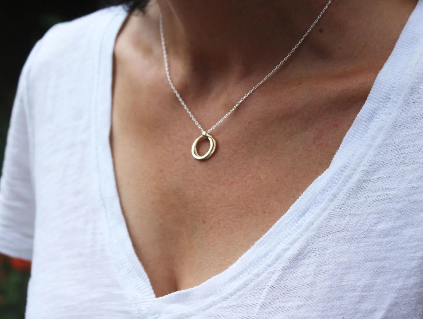 hammered two circles necklace interlocking silver and gold