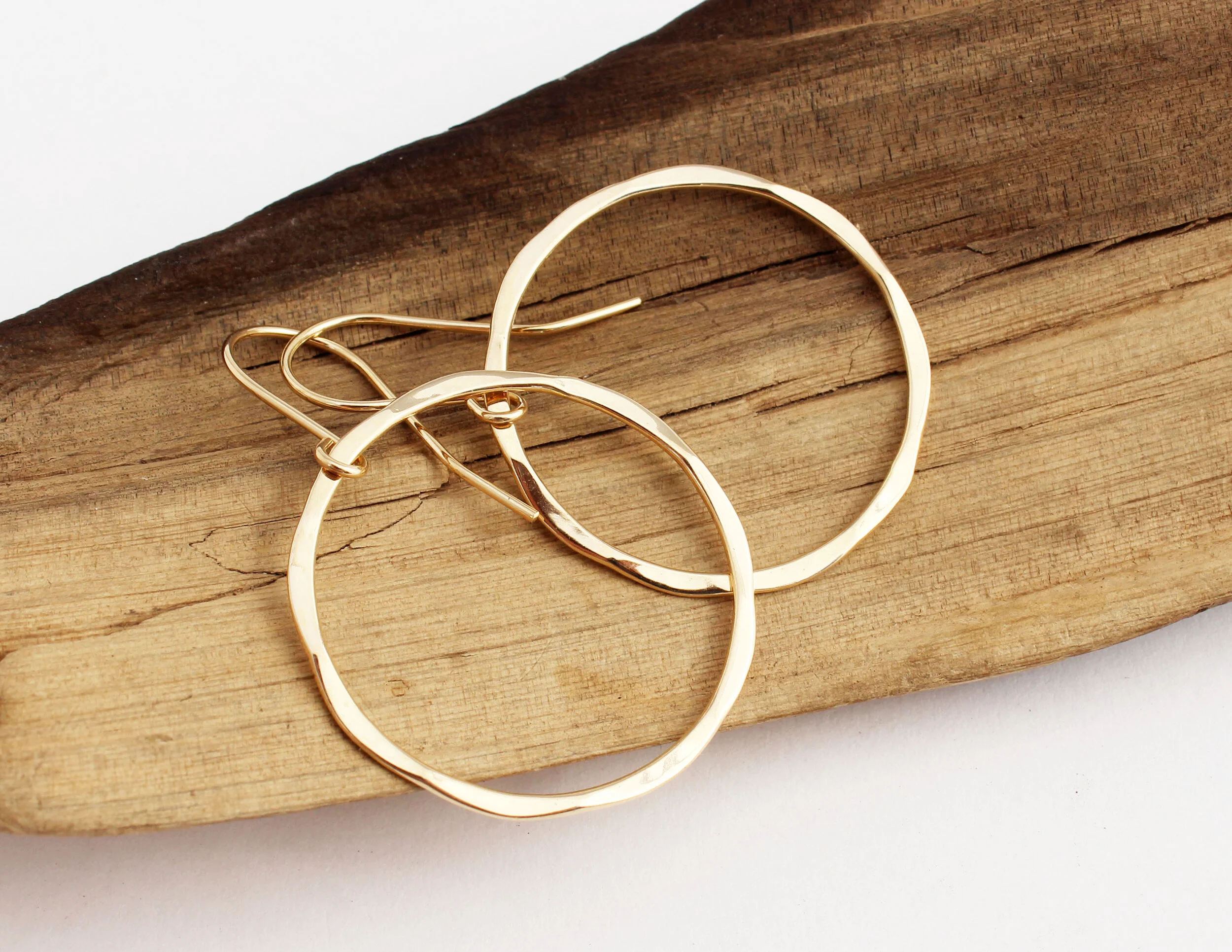 Large Solid Gold Hoop Earrings. Hammered 14k Gold Hoops.