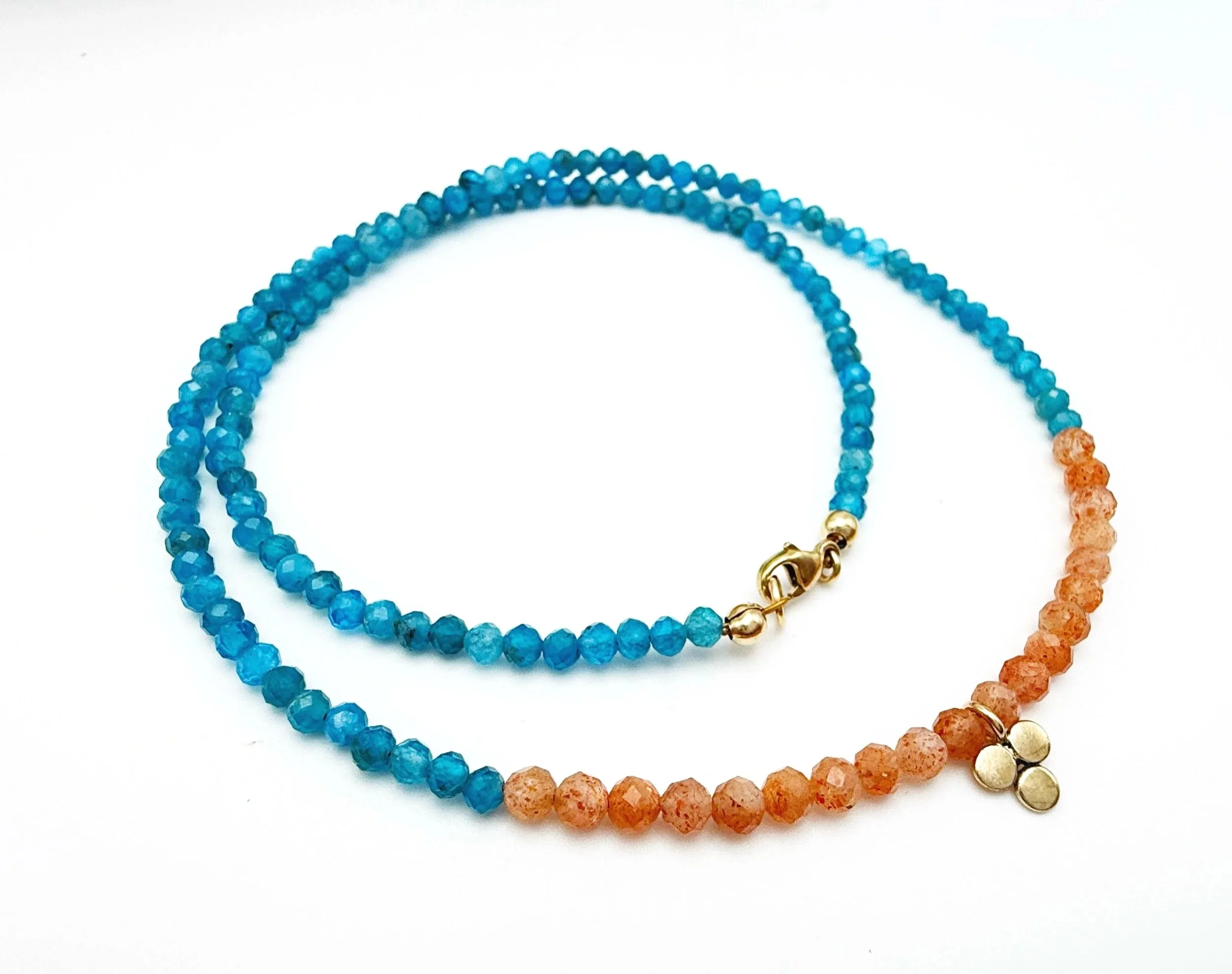 blue apatite gemstone beaded necklace in 14k gold