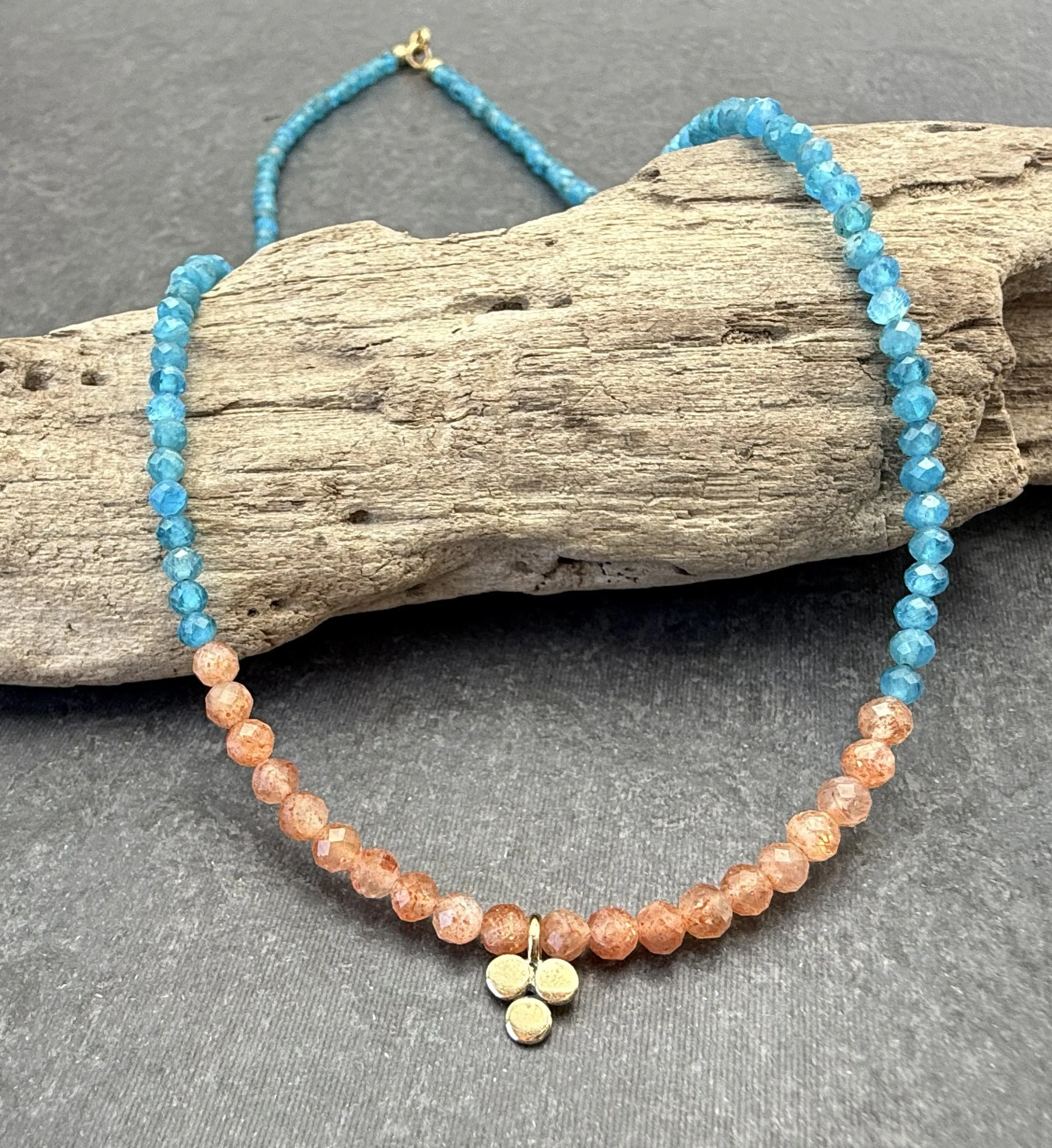 apatite and sunstone gemstone bead necklace solid gold