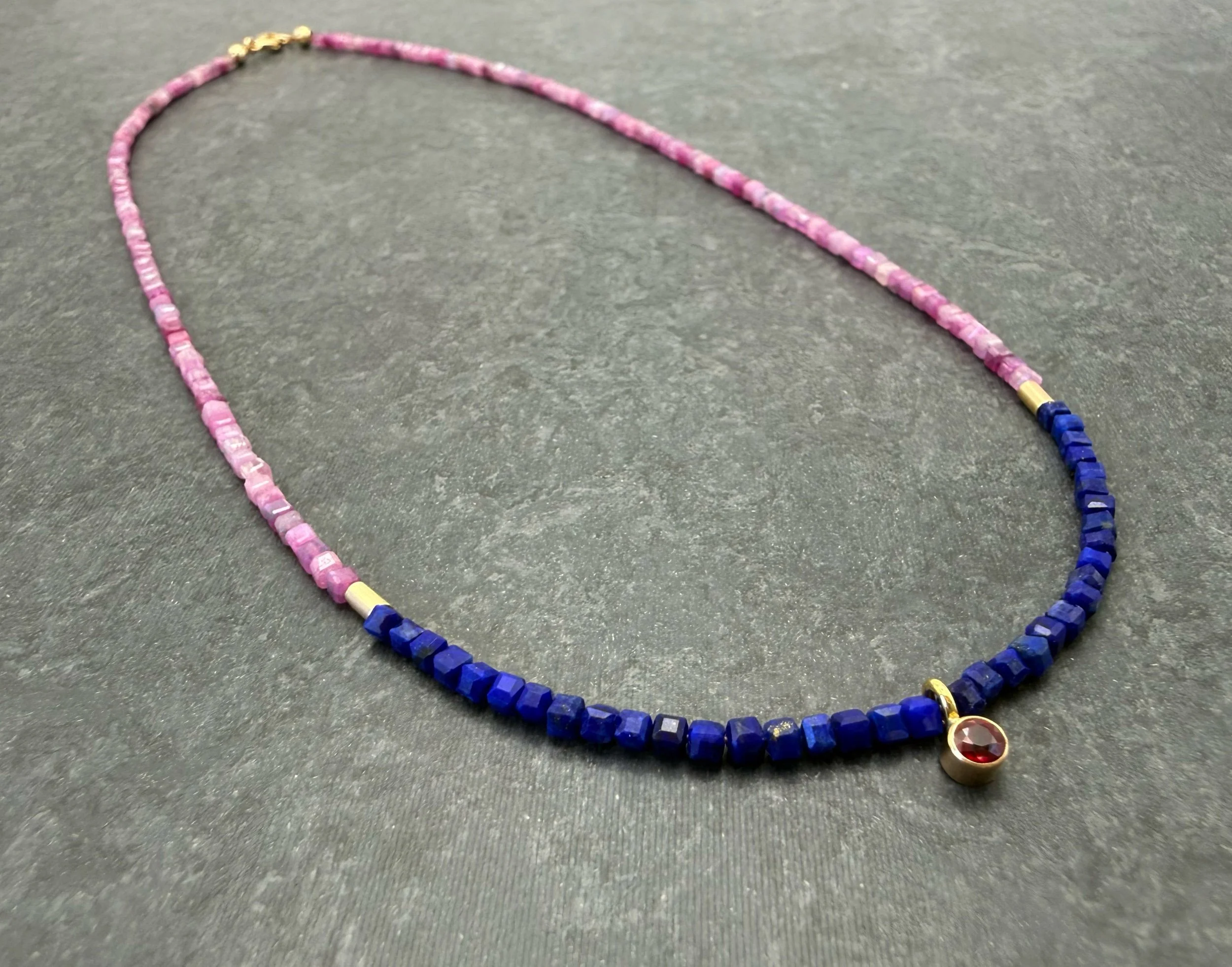 Ruby and Lapis beaded necklace 14k