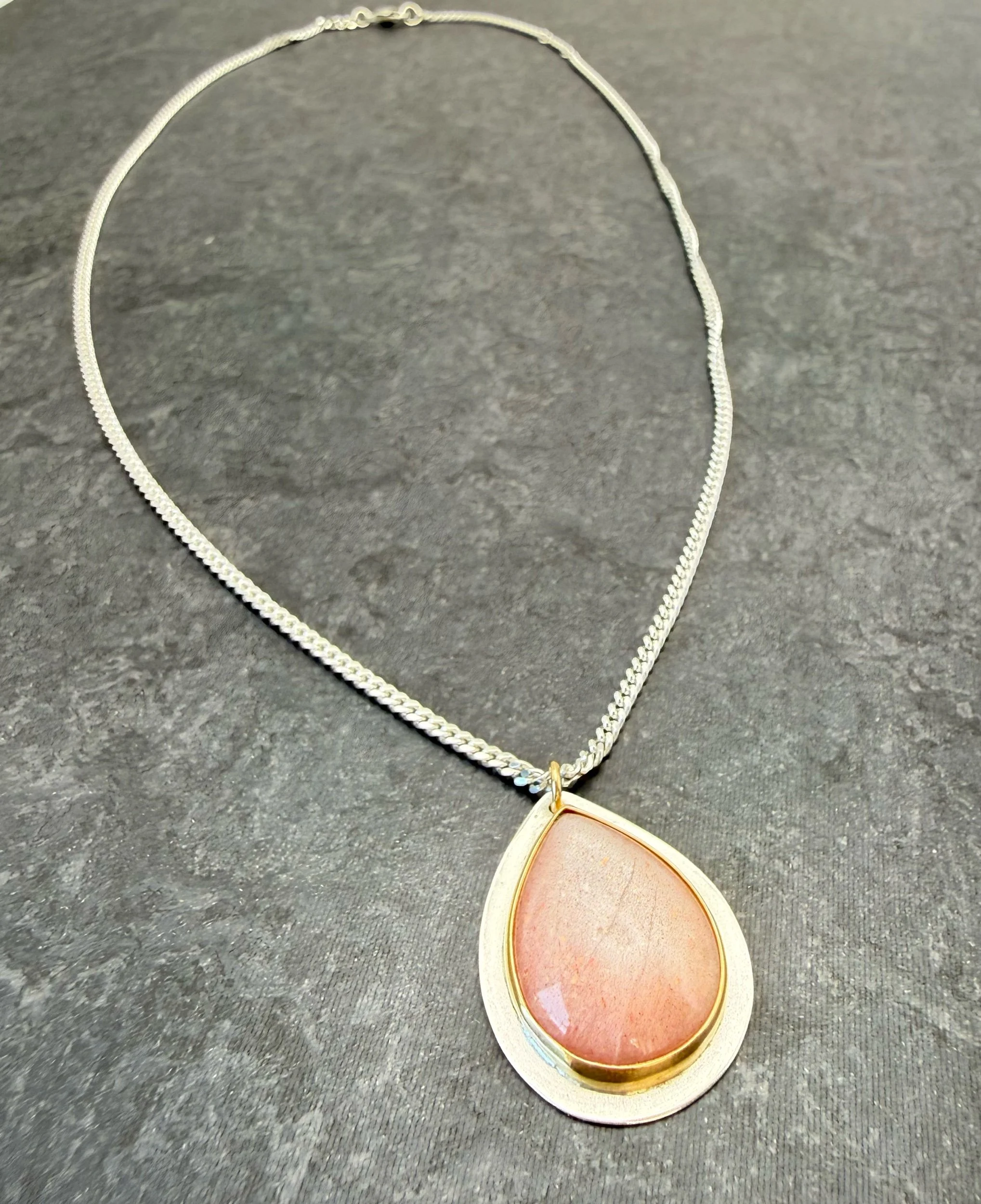 Peach Moonstone Necklace Silver and 14k Gold