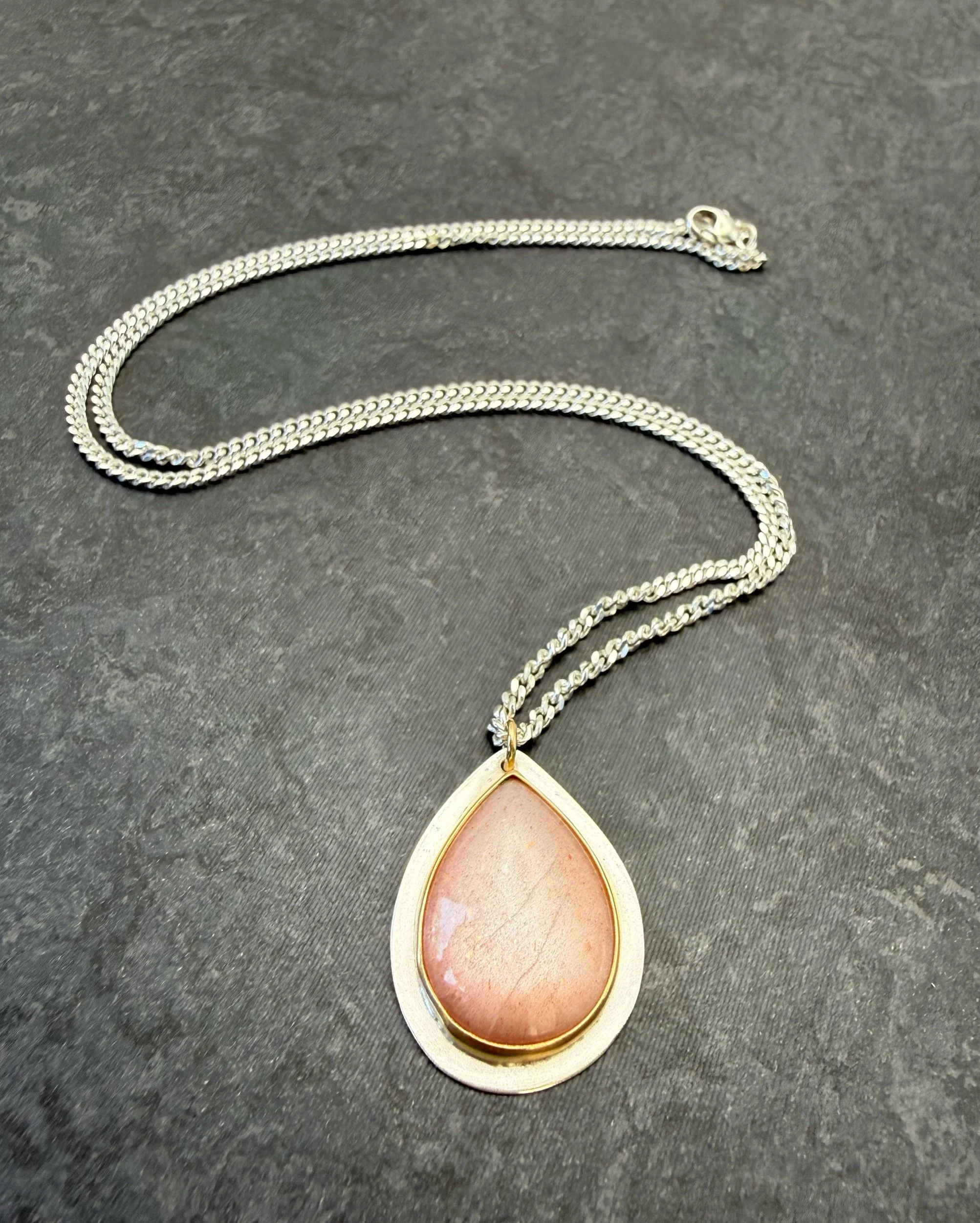 Silver Moonstone Necklace, Peach Pink Stone
