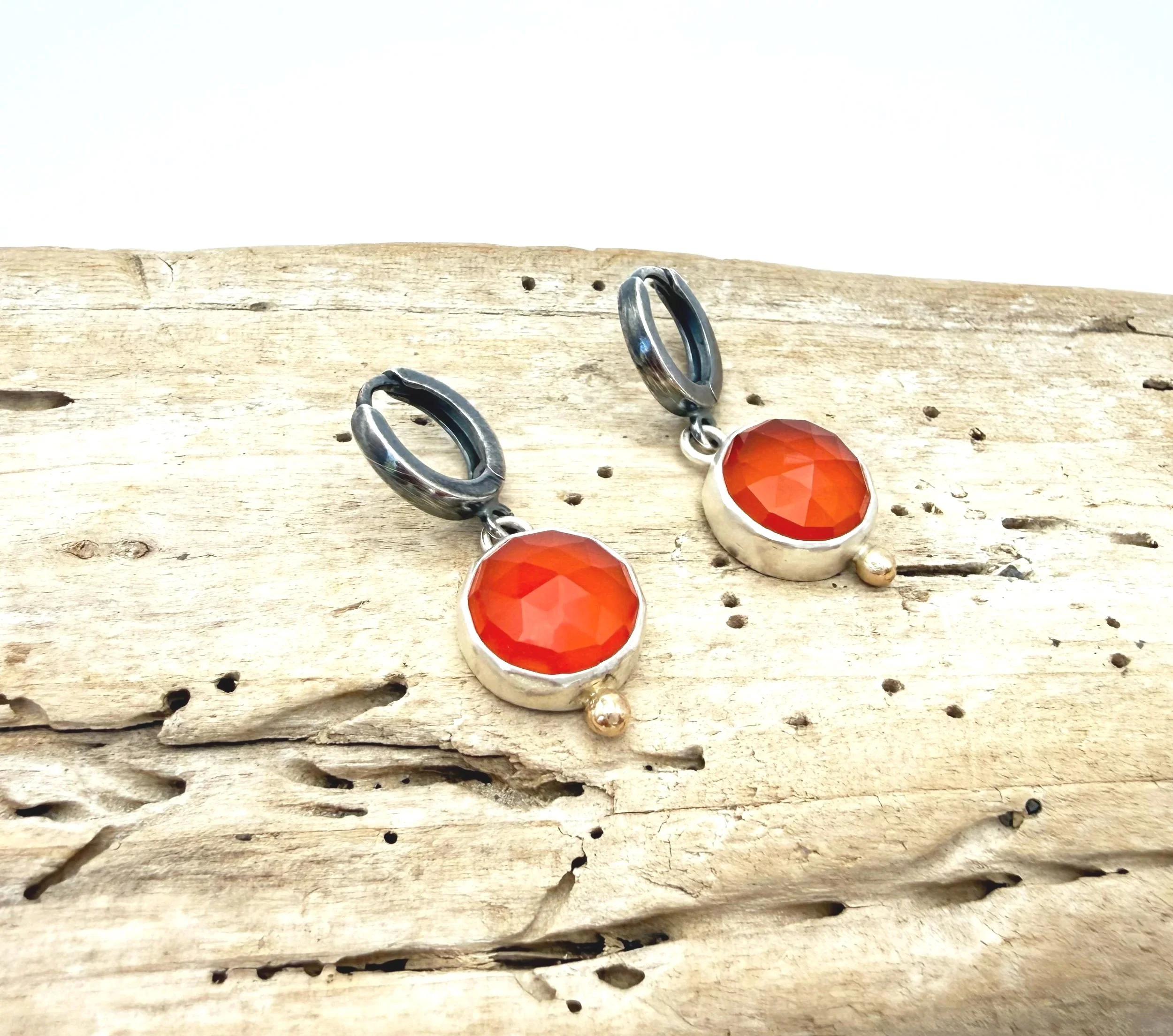 Silver orange gemstone dangle earrings with 14k