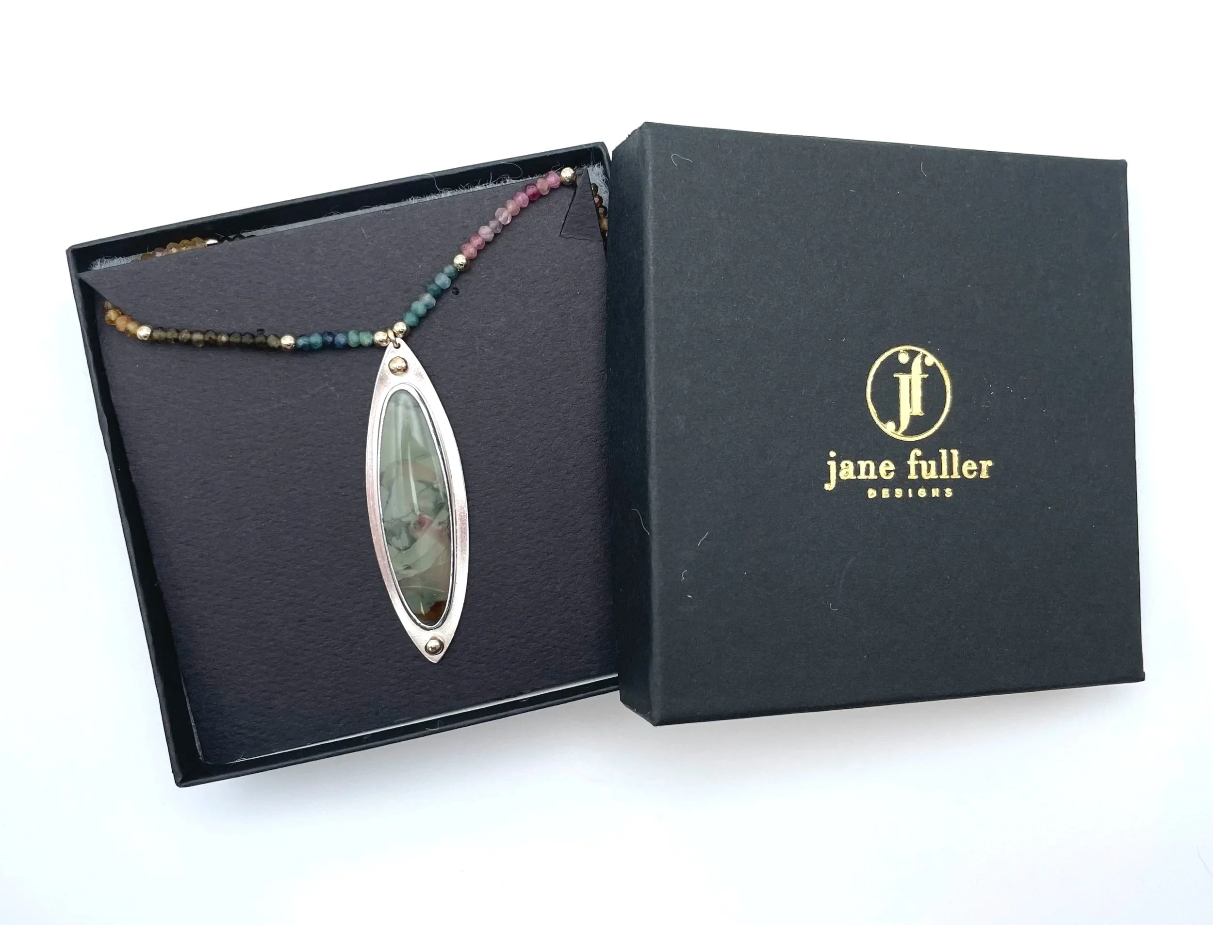 one of a kind jasper pendant necklace sterling silver with 14k gold accents and tourmaline beads