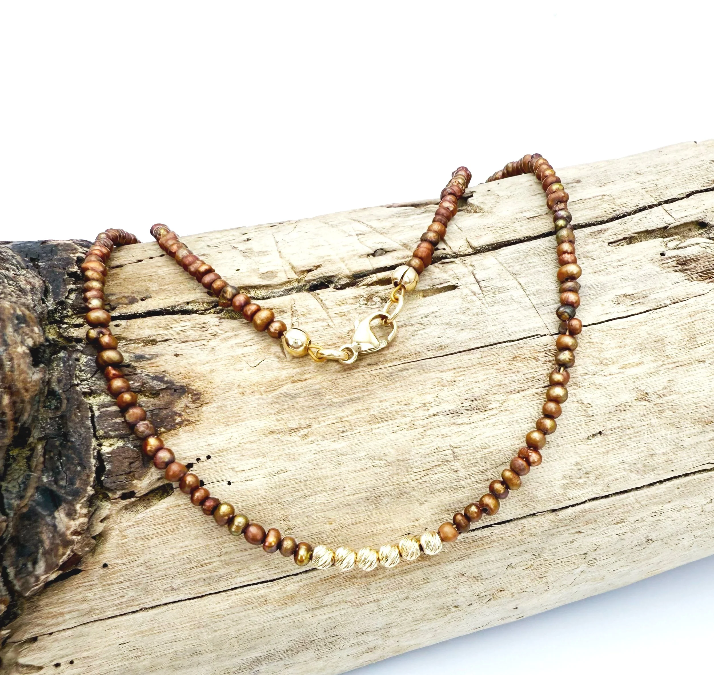 tiny bronze bead necklace 14k gold