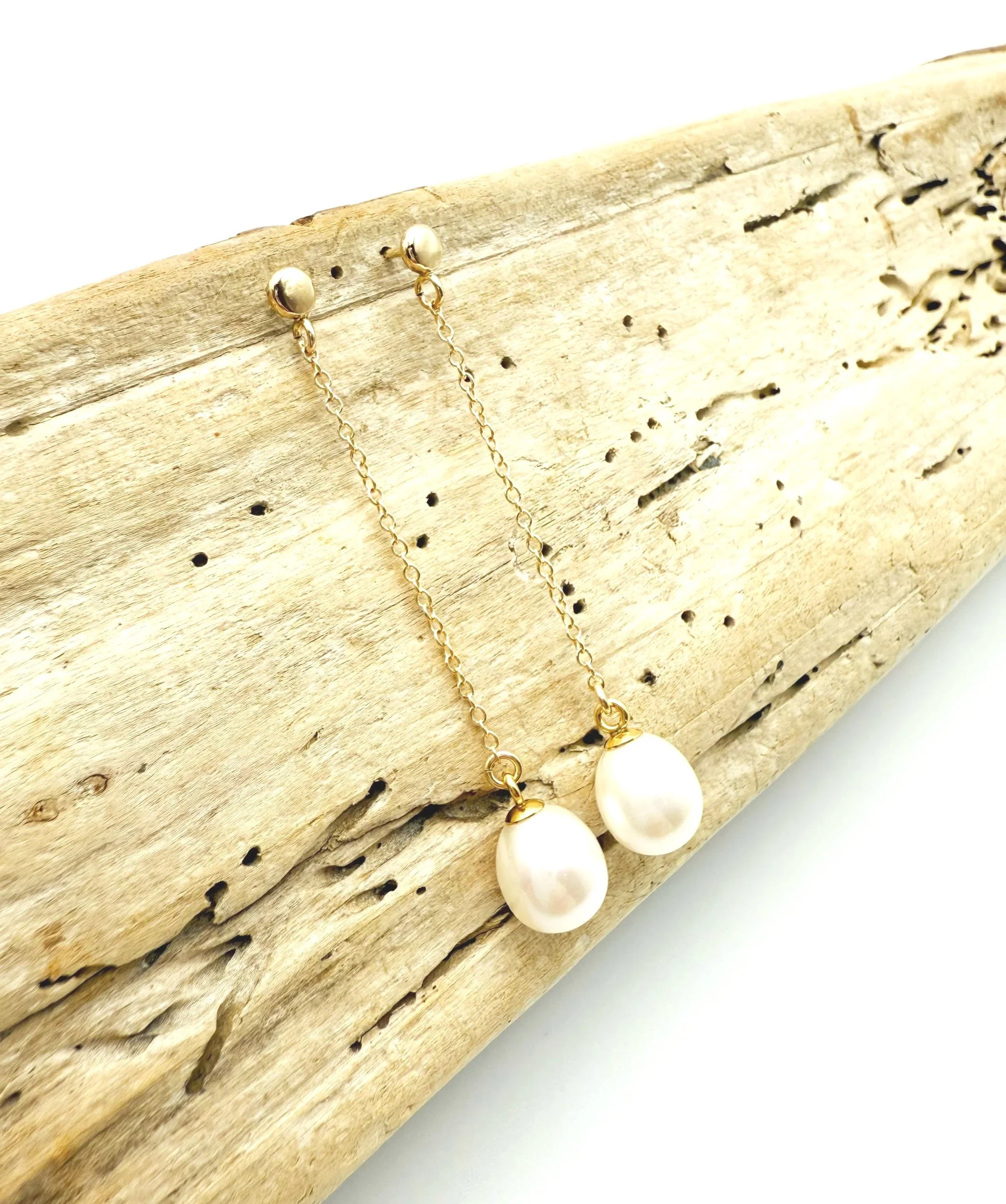 long pearl chain dangle earrings 14k