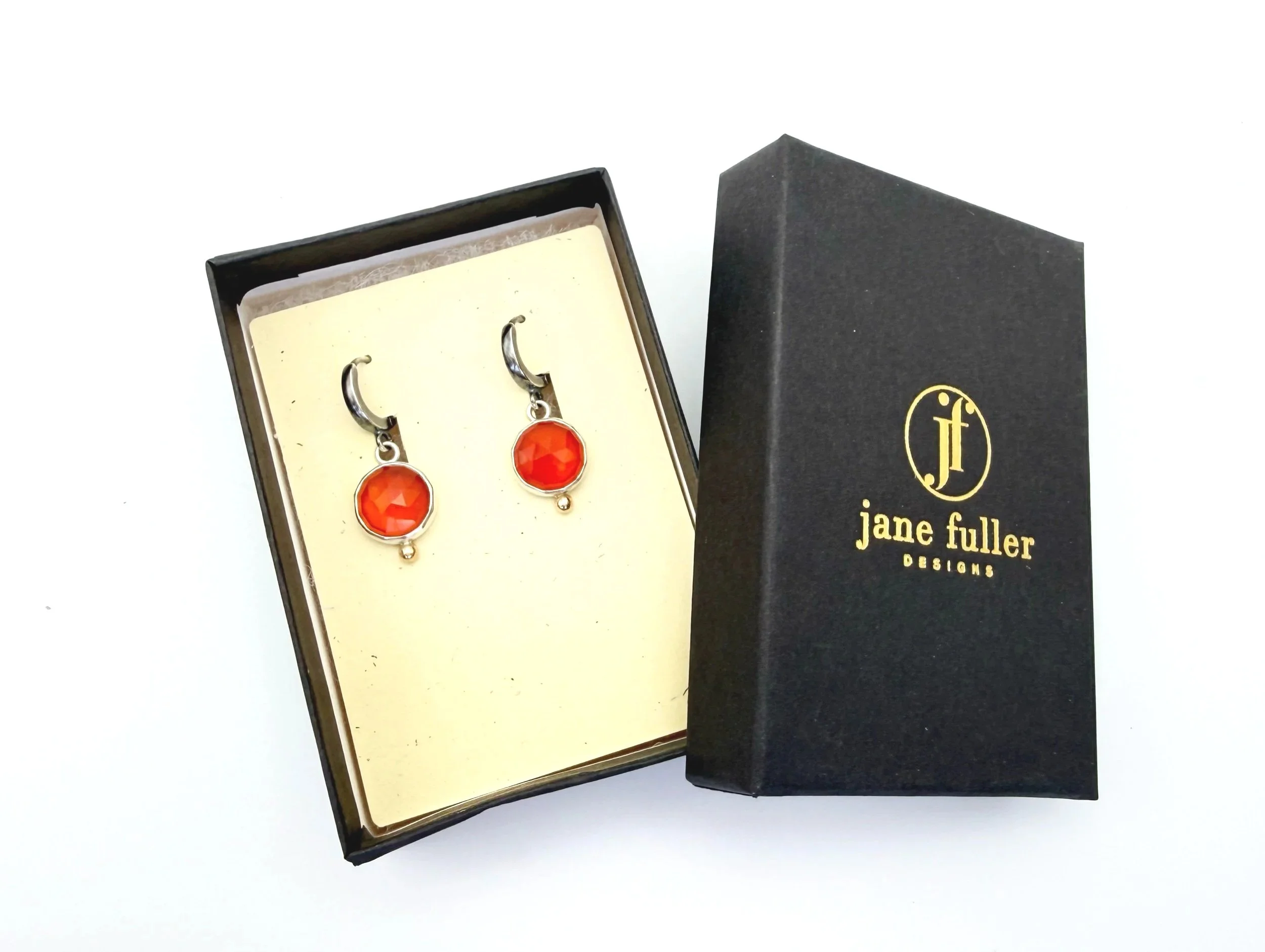 silver and gold orange red gemstone dangle earrings