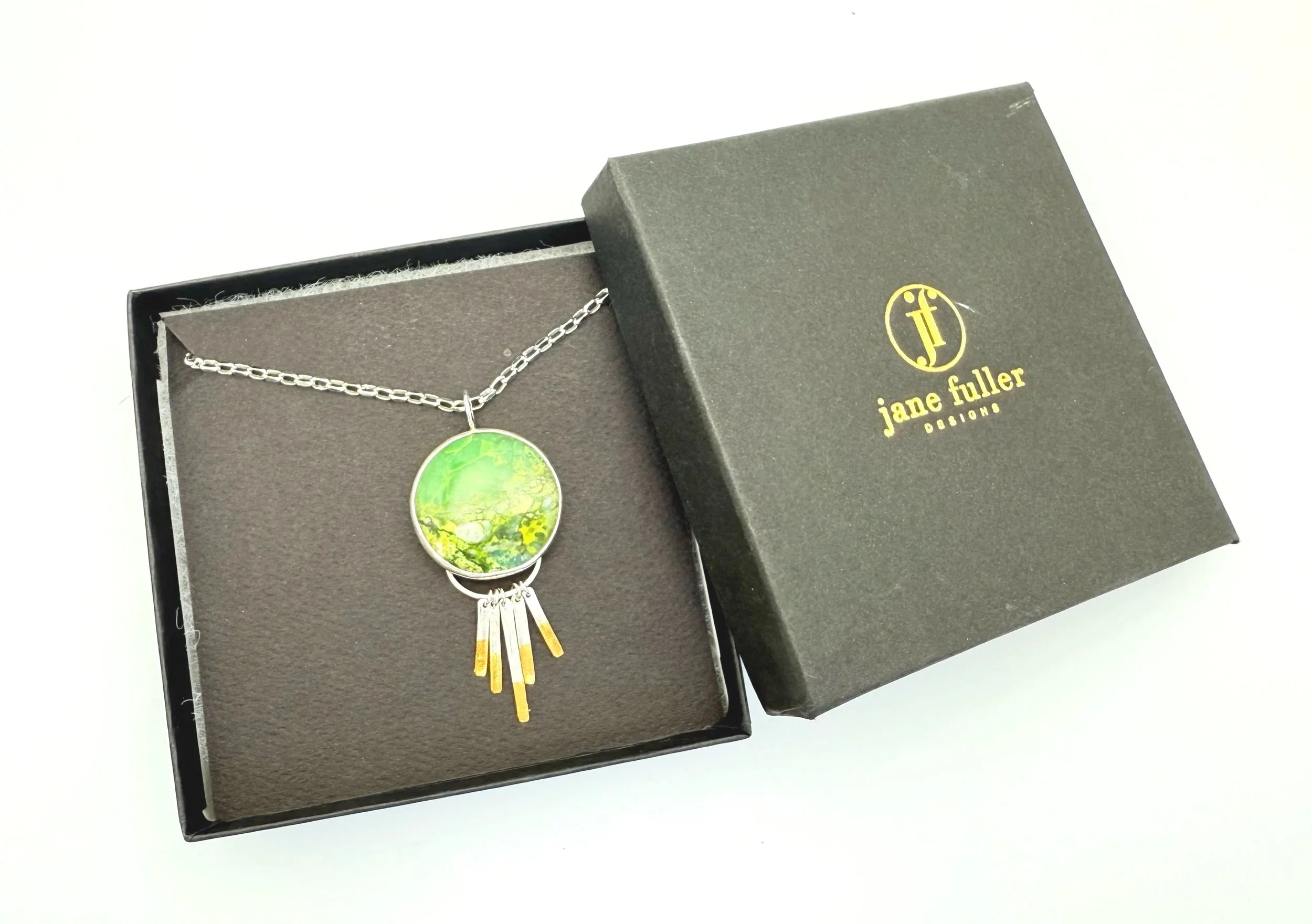 large round green variscite pendant necklace in silver with gold accents, one of a kind