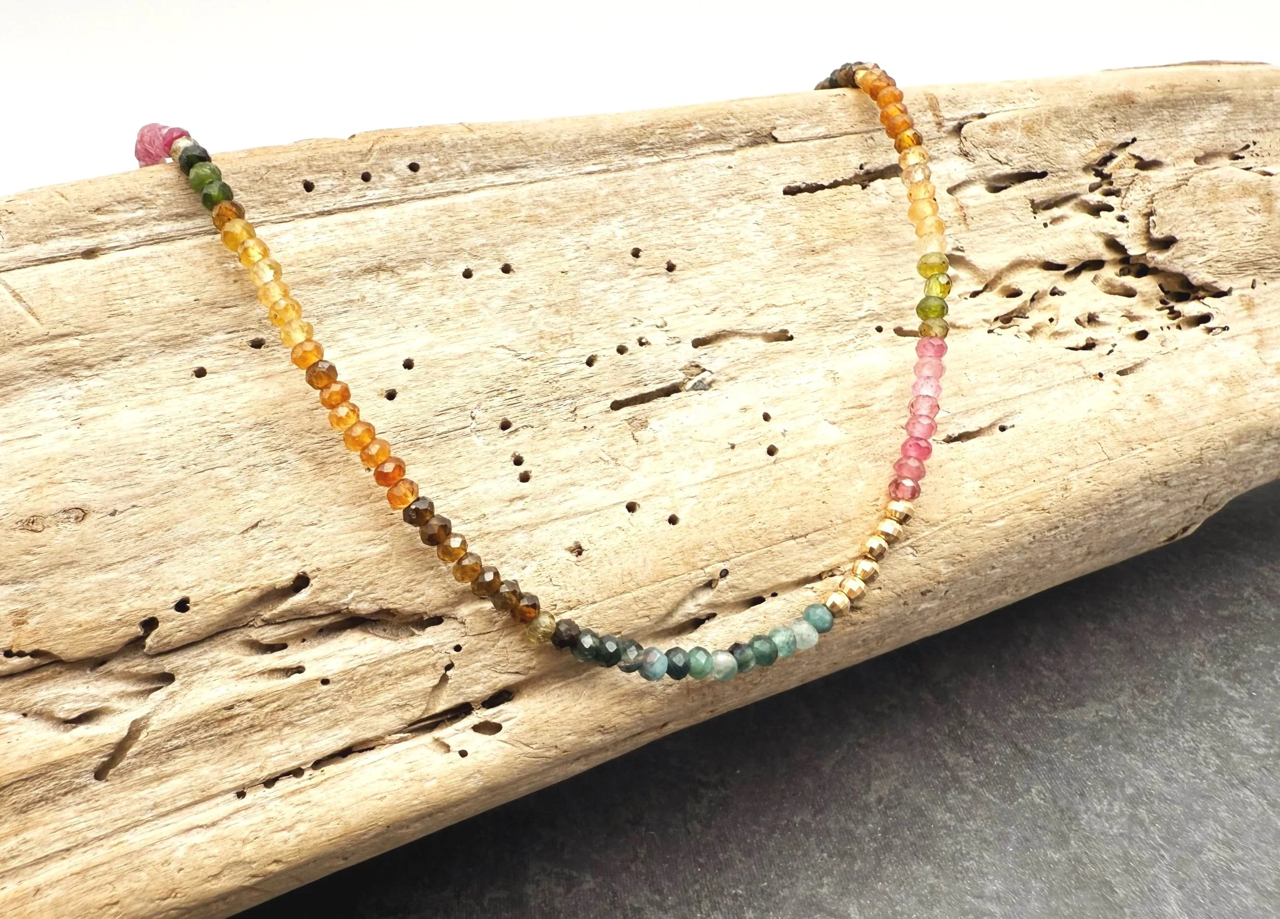 mixed color tourmaline bead necklace 14k gold