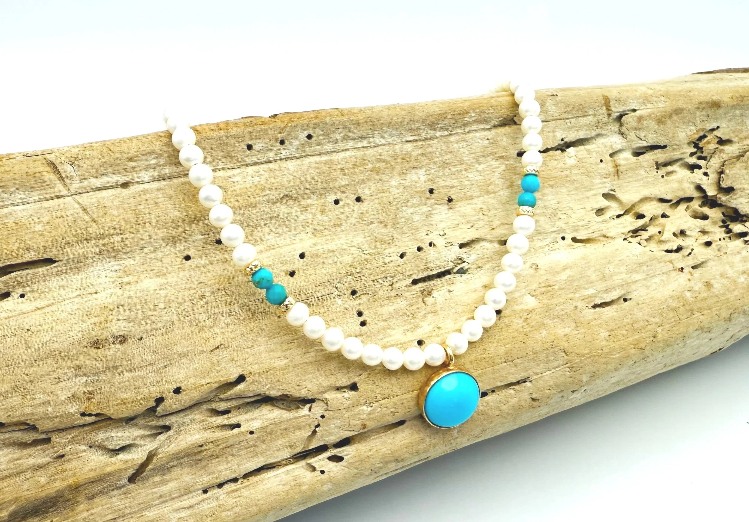 Freshwater pearl strand with turquoise pendant 14k