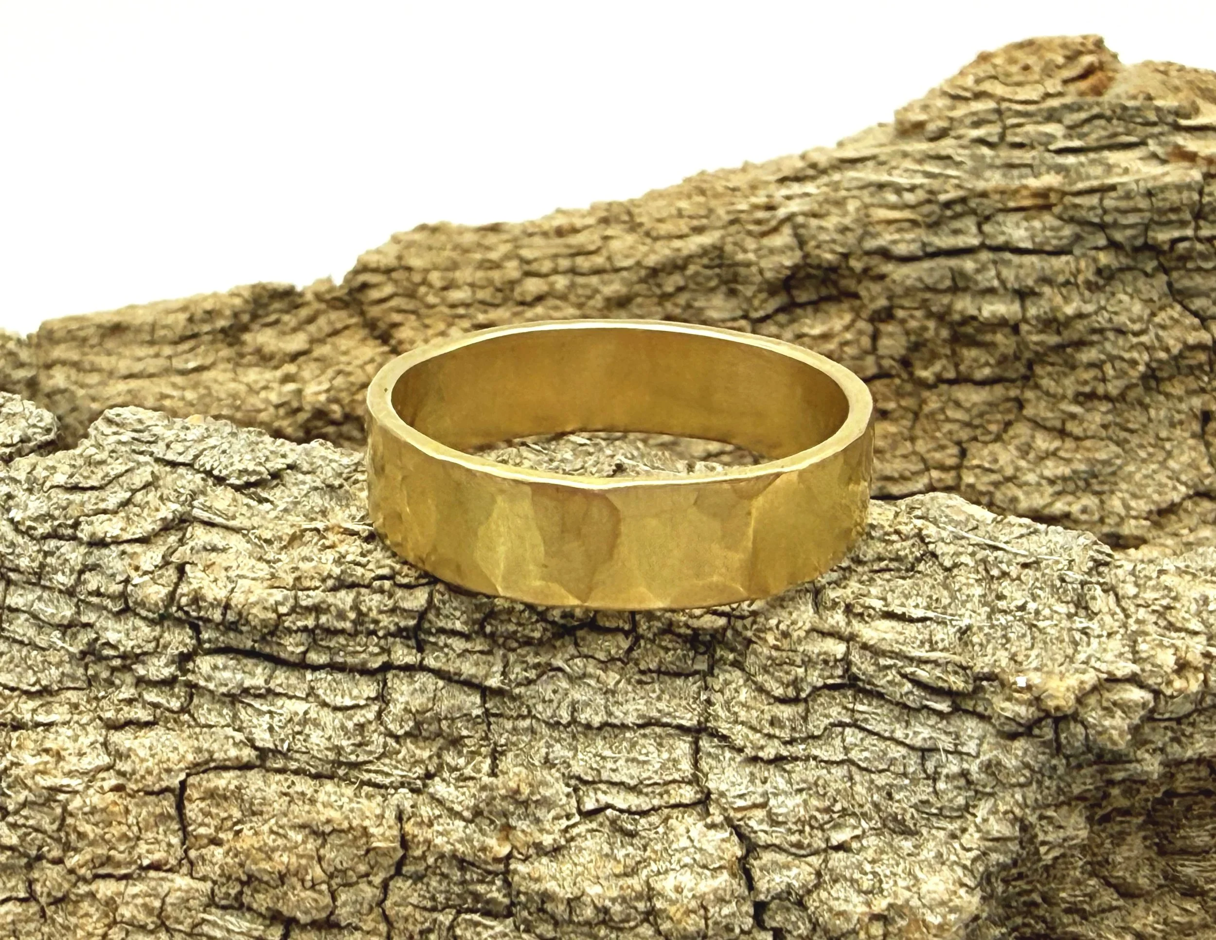 Wide hammered yellow gold wedding band ring for men