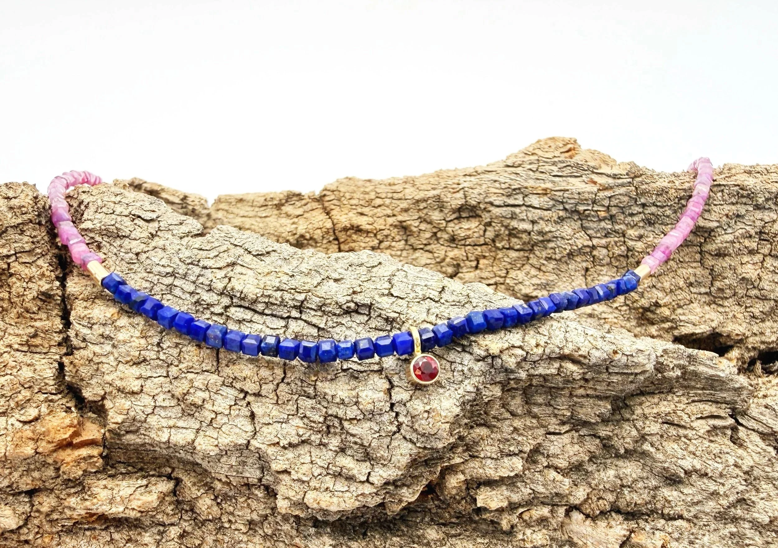 blue and pink gemstone beaded necklace