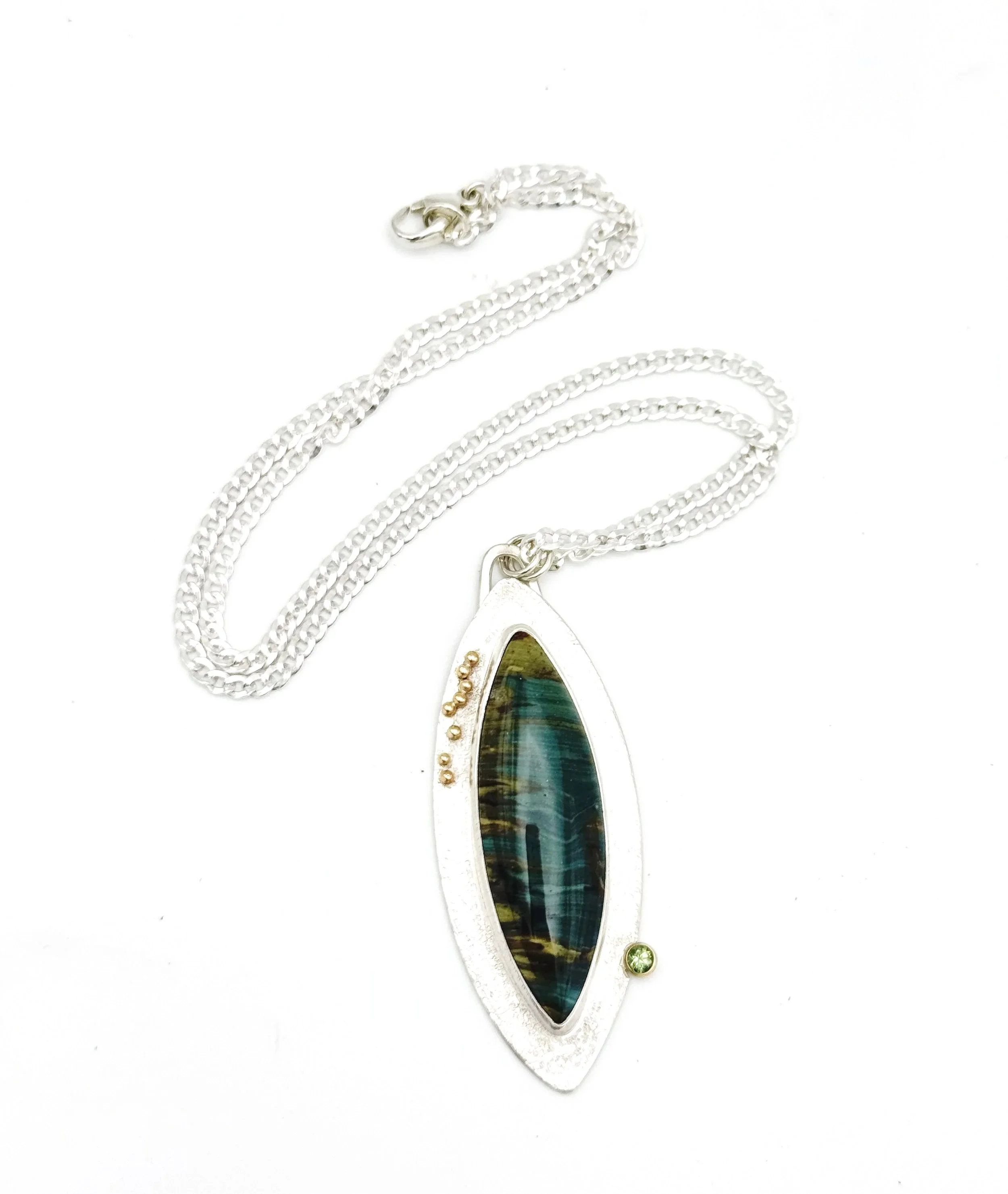 Green Petrified stone pendant necklace silver and gold