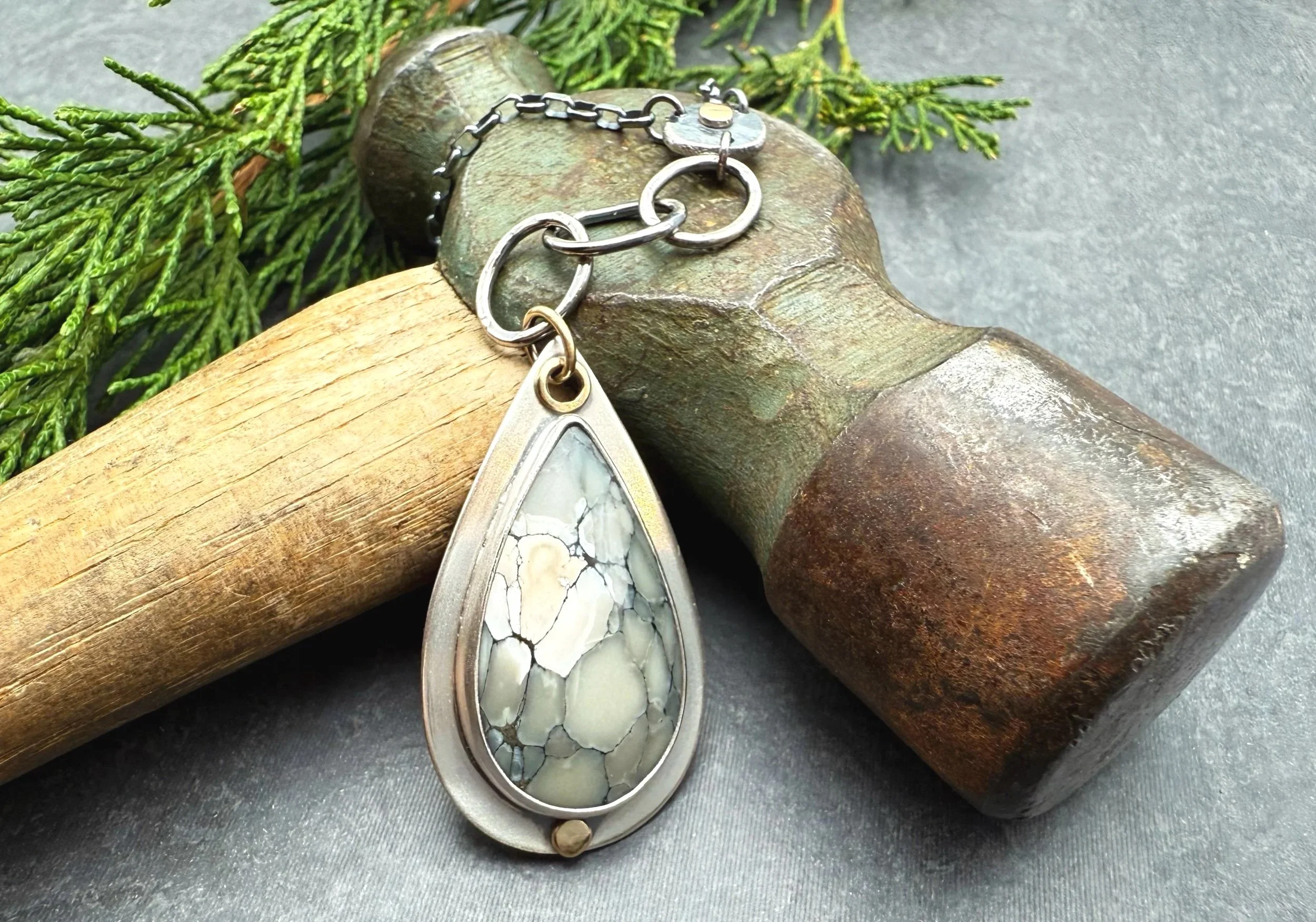 Artisan crafted jewelry - rare stone pendant necklace in mixed metals