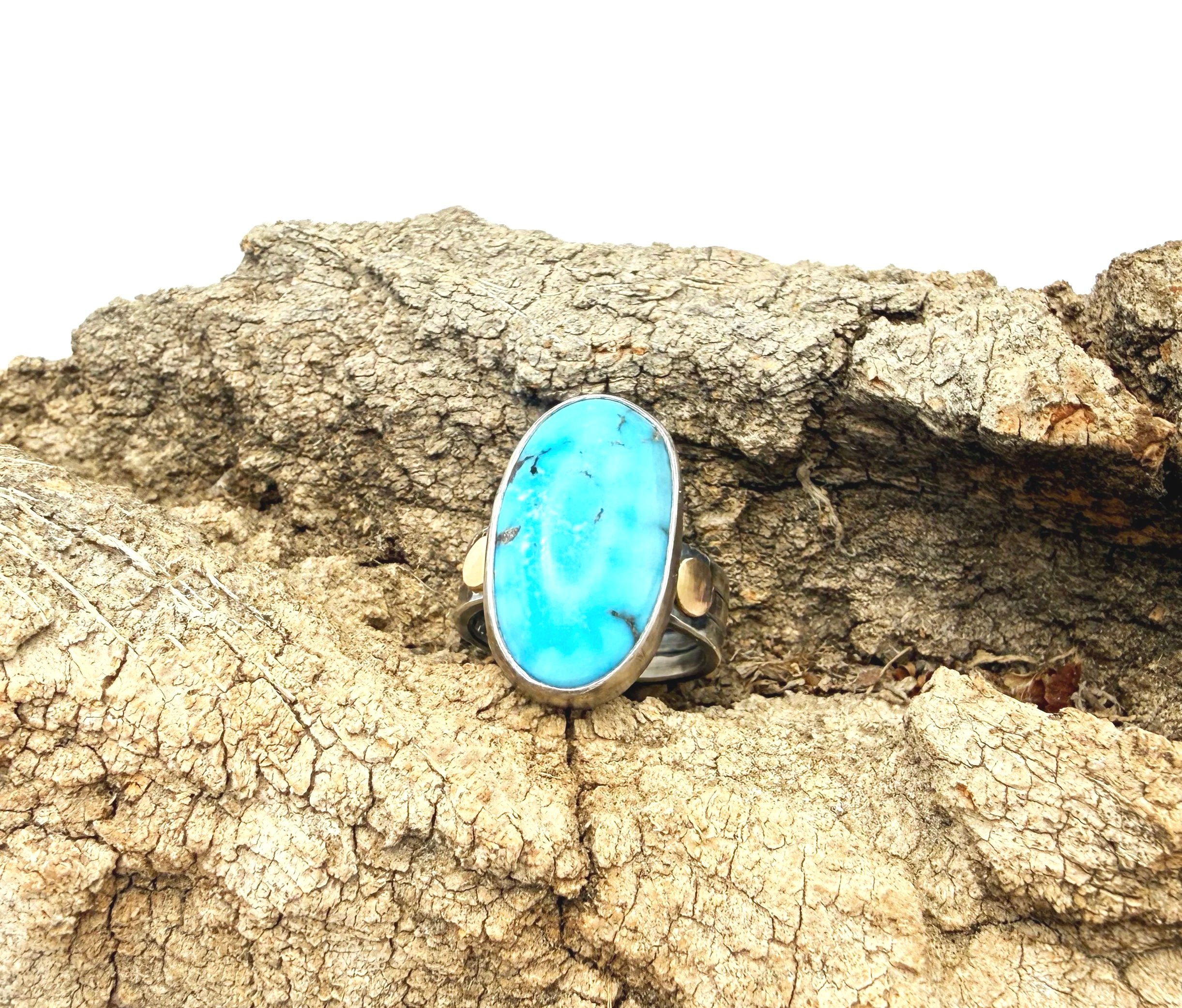 blue arizona turquoise stone ring in oxidized silve and 14k gold