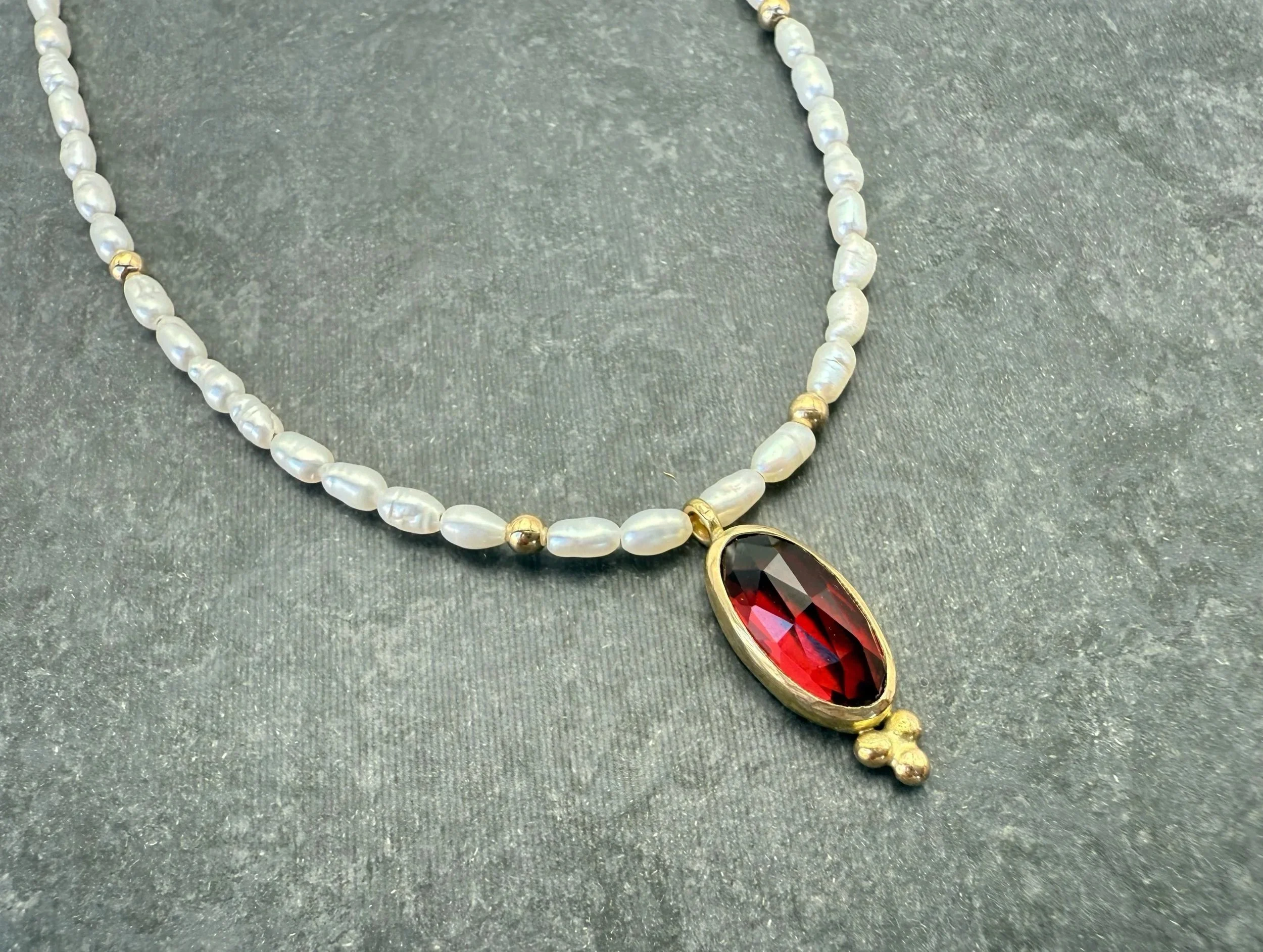 14k Gold garnet pendant necklace with freshwater pearl strand