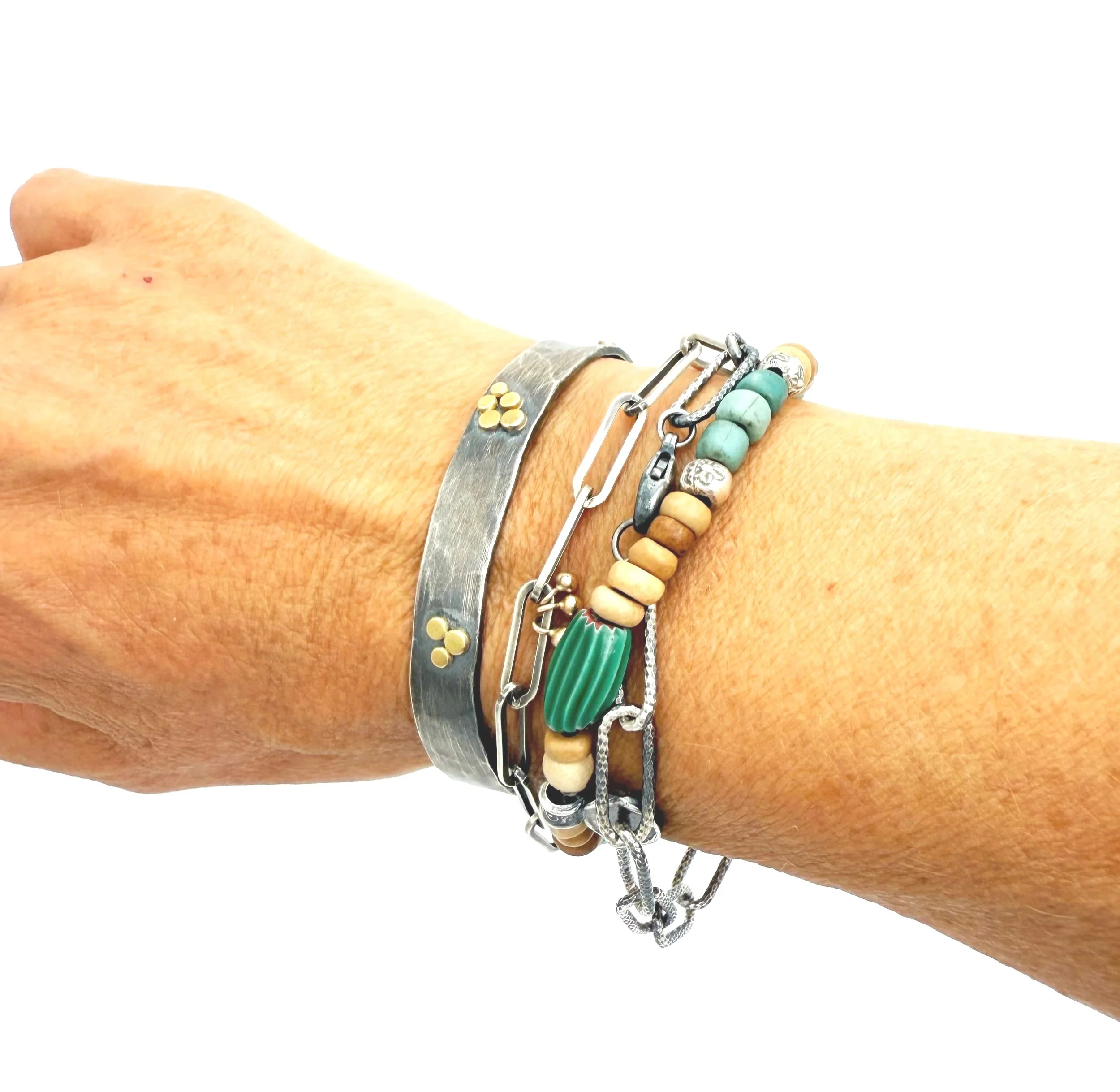 wide silver stacking or layering cuff in oxidized silver with 18k gold dots