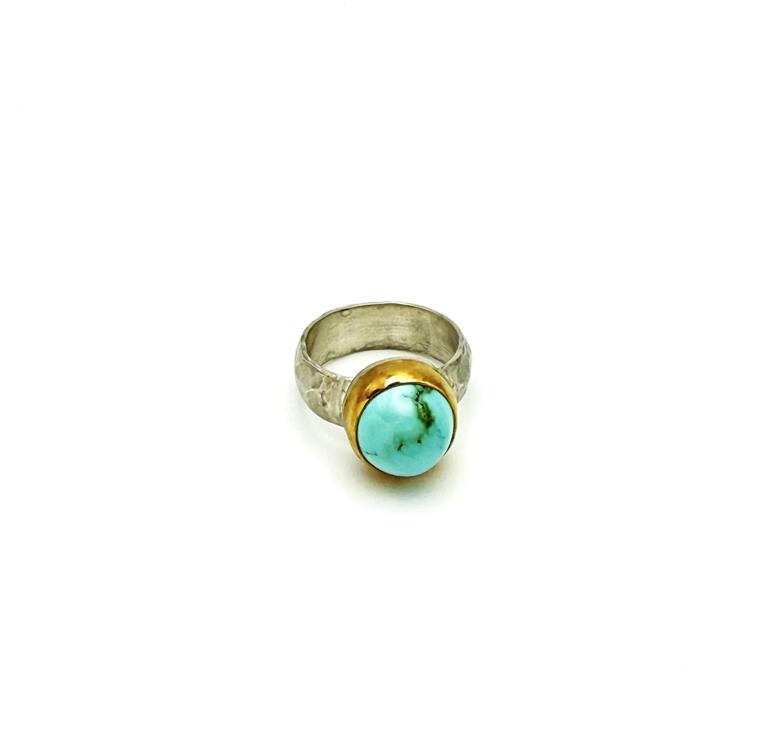 Fox turquoise ring in silver and 22k gold bezel