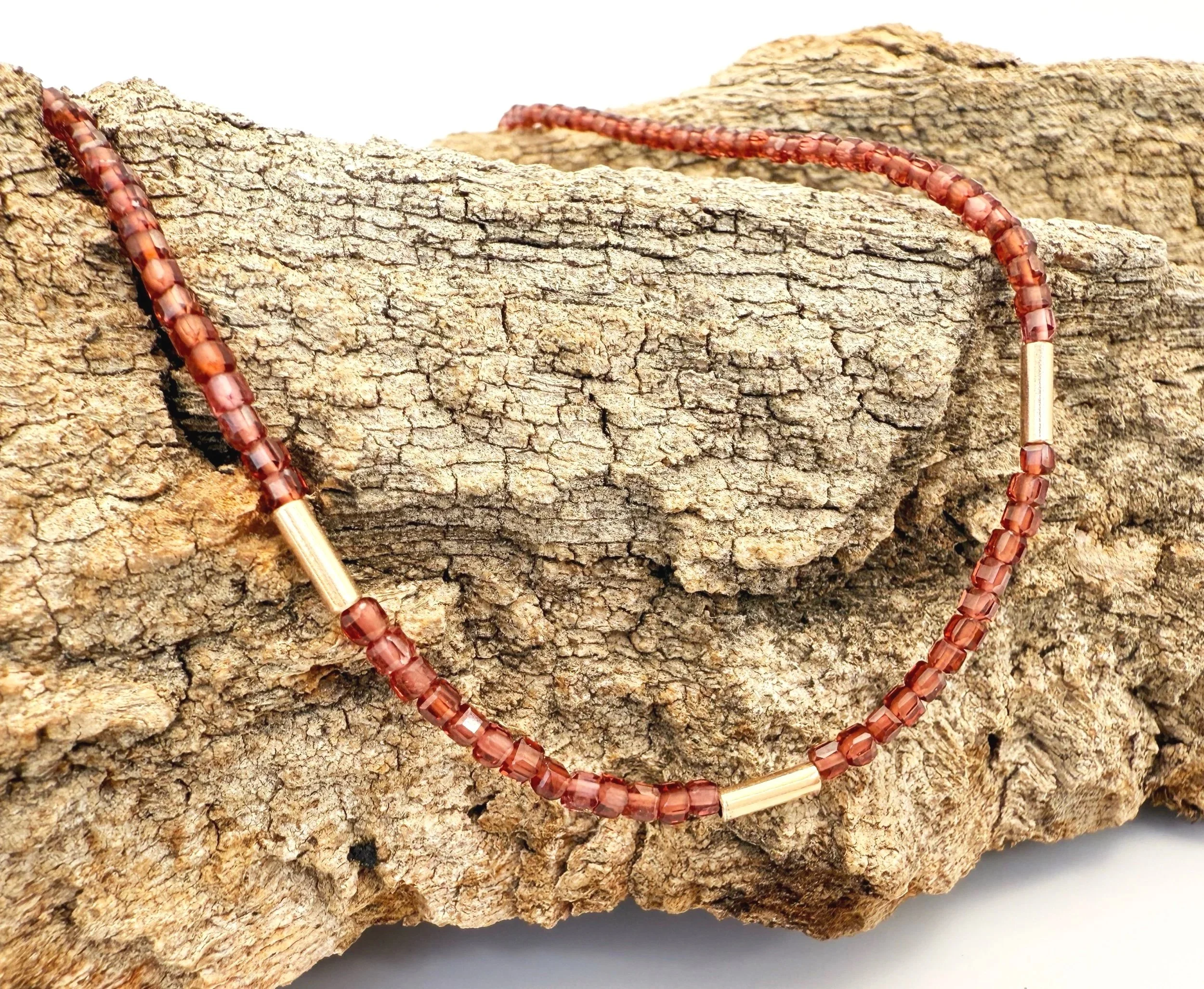 2mm garnet beaded necklace, 14k solid gold