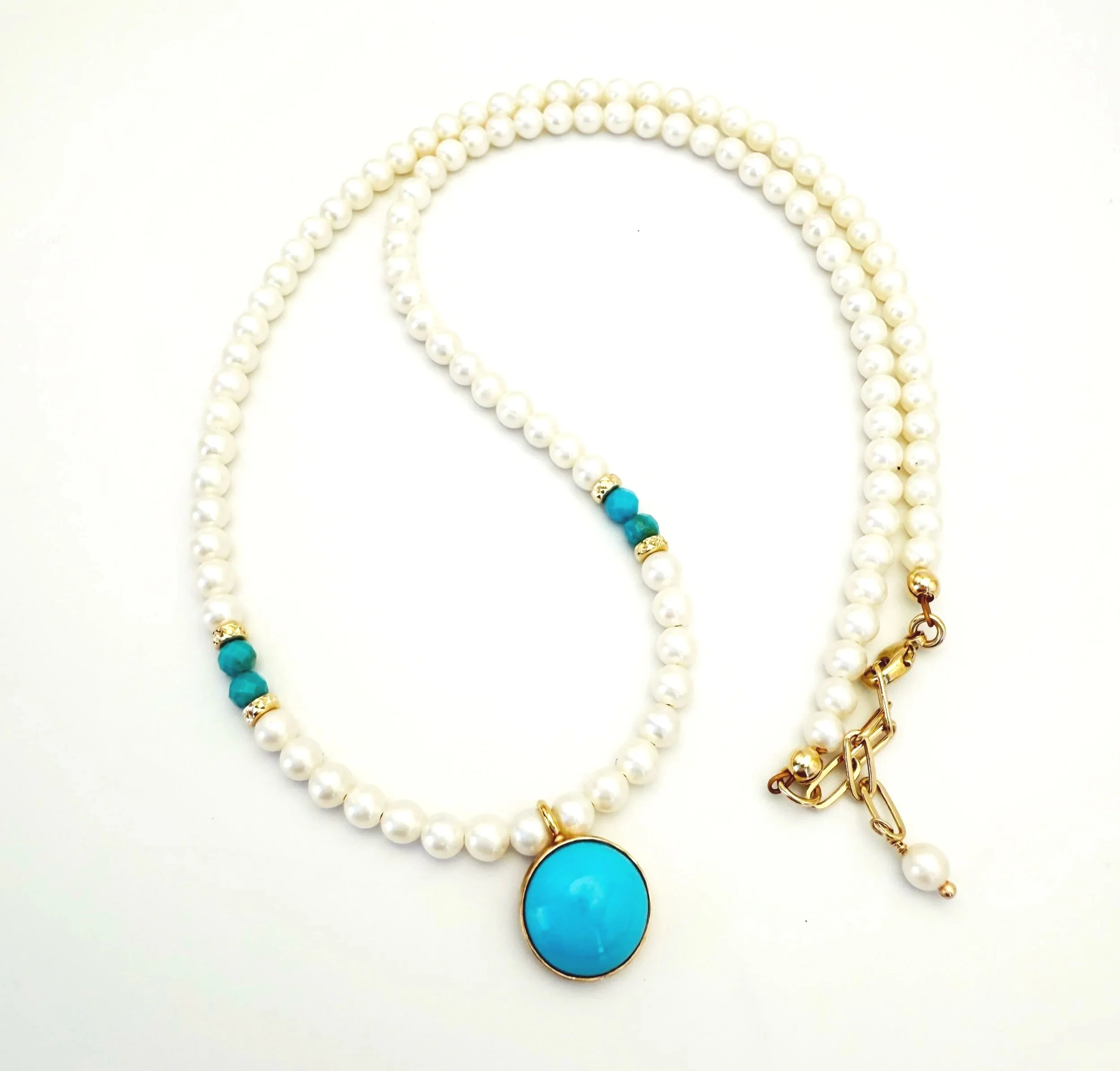 one of a kind arizona turquoise pendant with pearl strand 14k