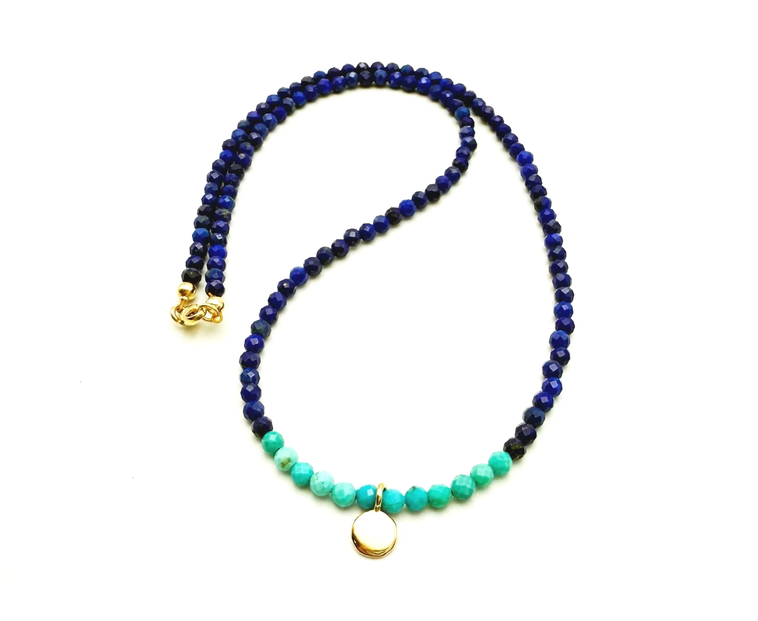 blue gemstone beaded necklace with 14k gold disc pendant