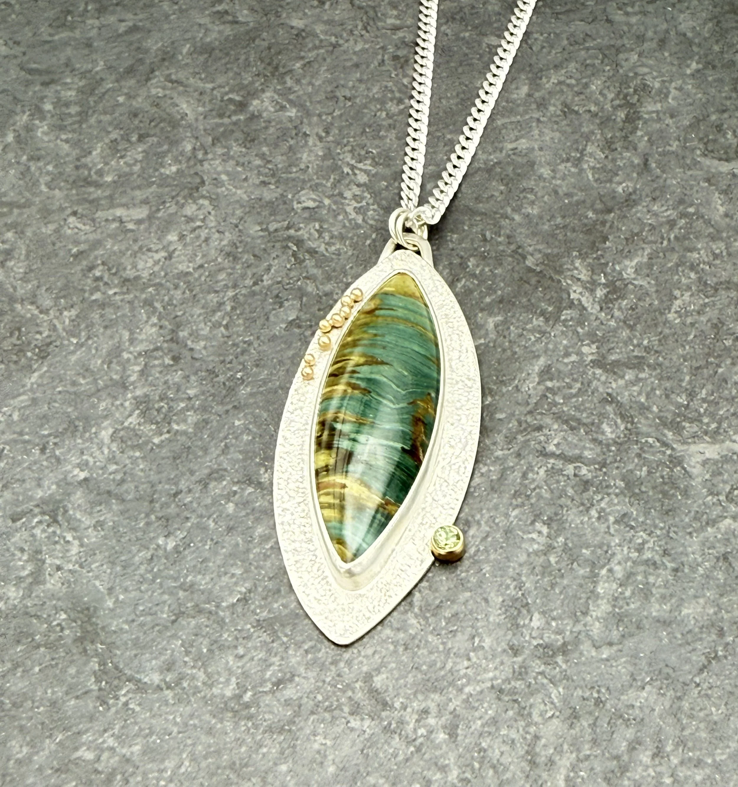 One of a kind teal jasper pendant necklace in sterling silver with 14k gold accents