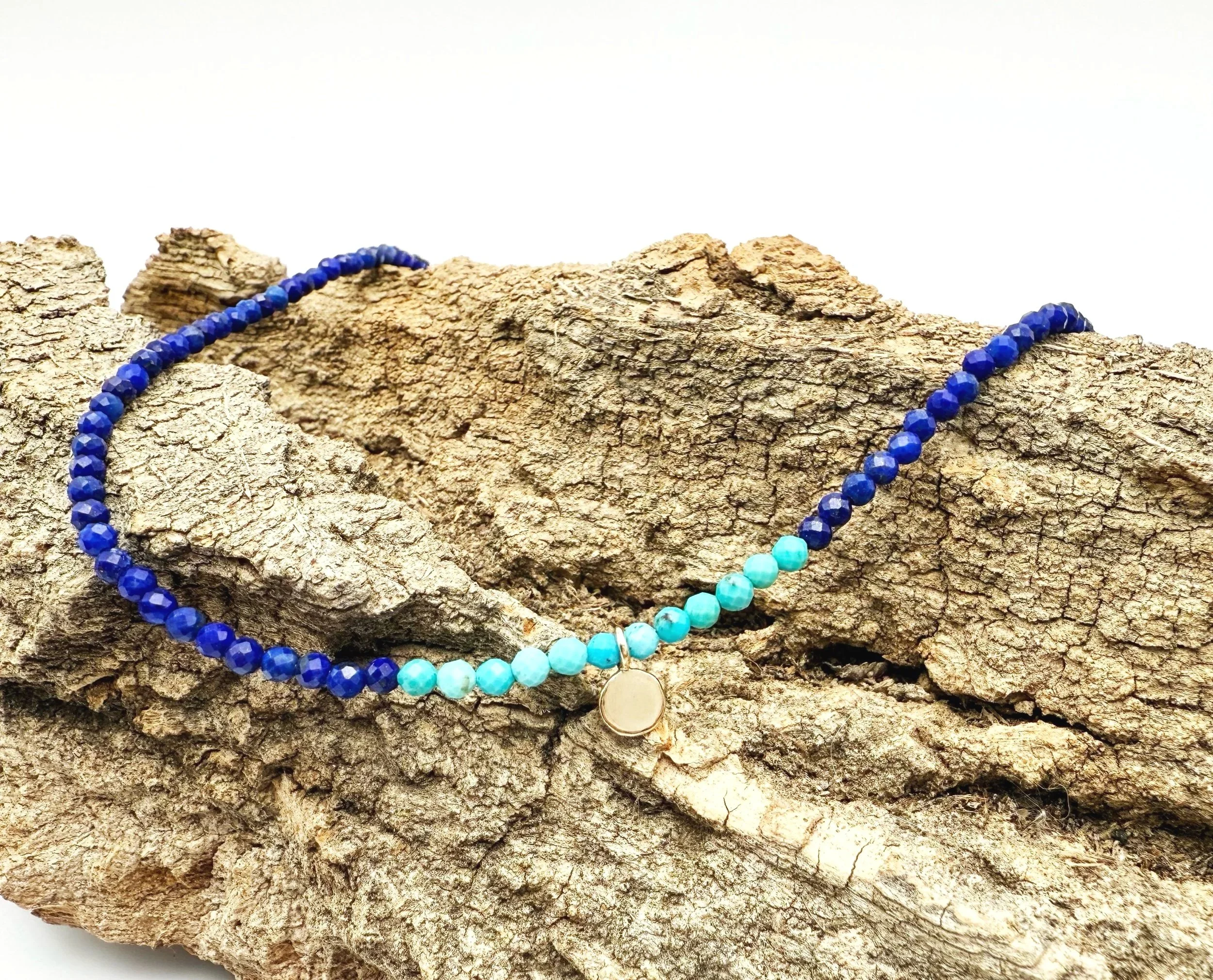 turquoise and lapis beaded necklace 14k gold