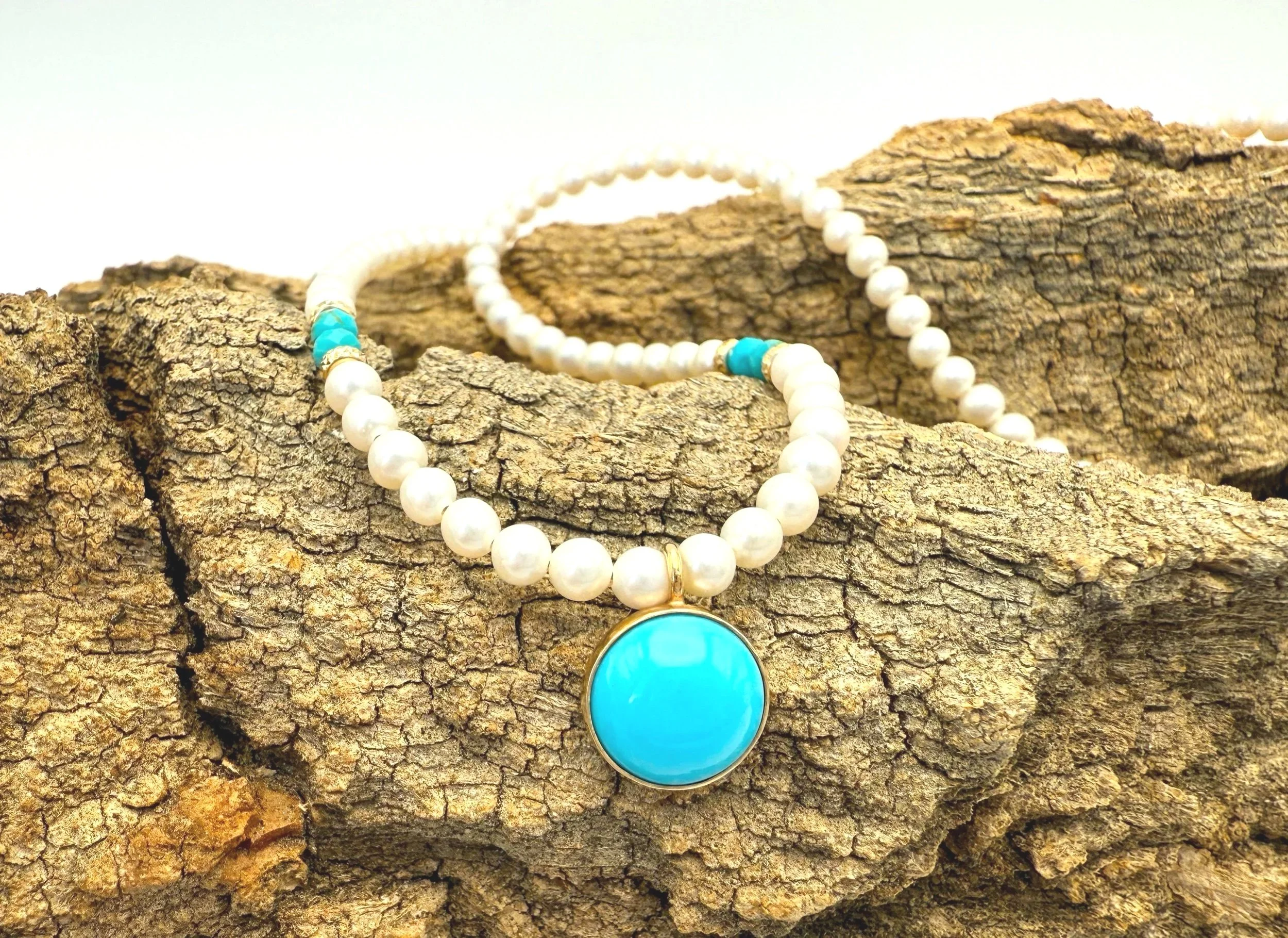 sleeping beauty turquoise pendant with freshwater pearl strand