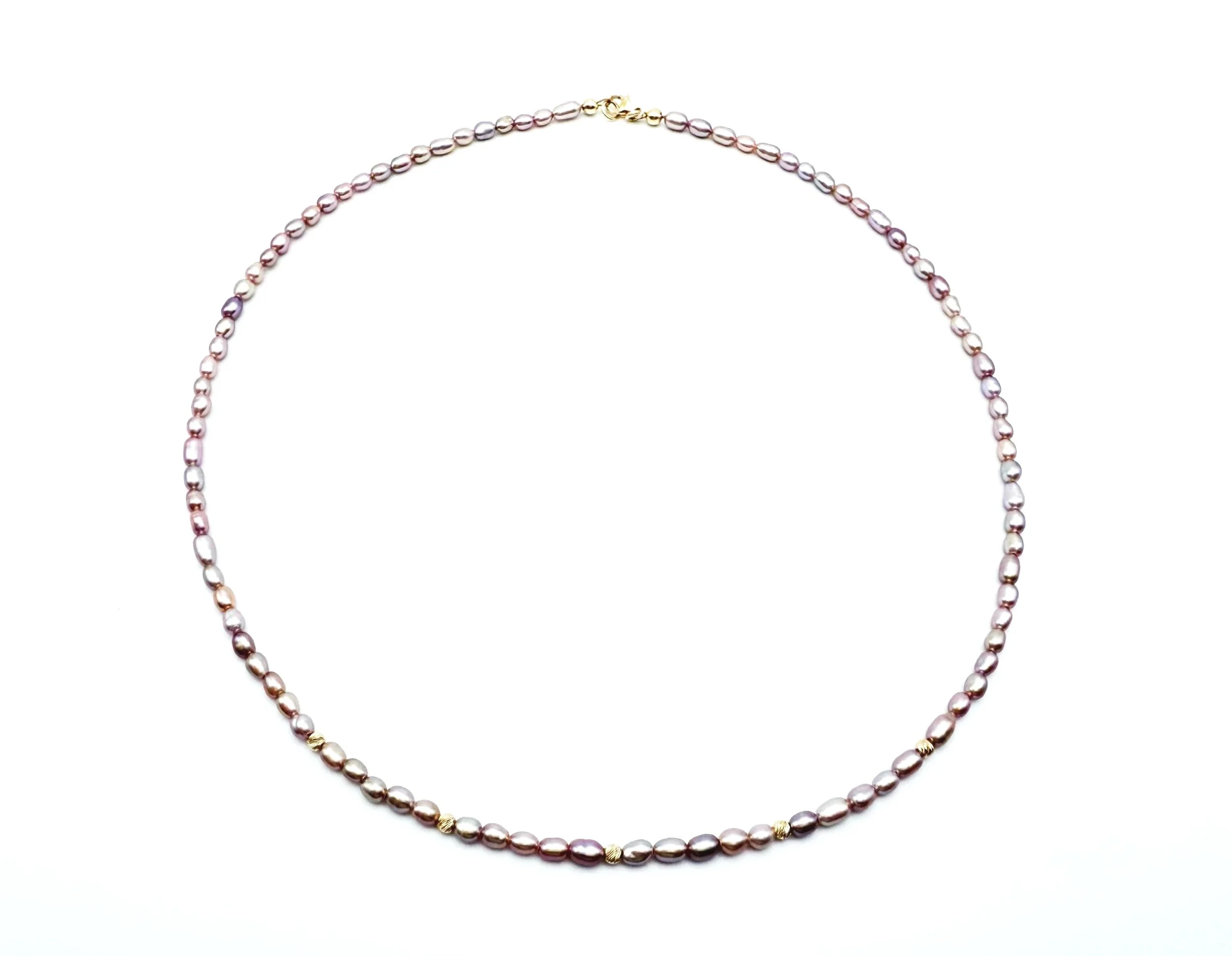 pink purple pearl necklace with 14k gold beads and clasp