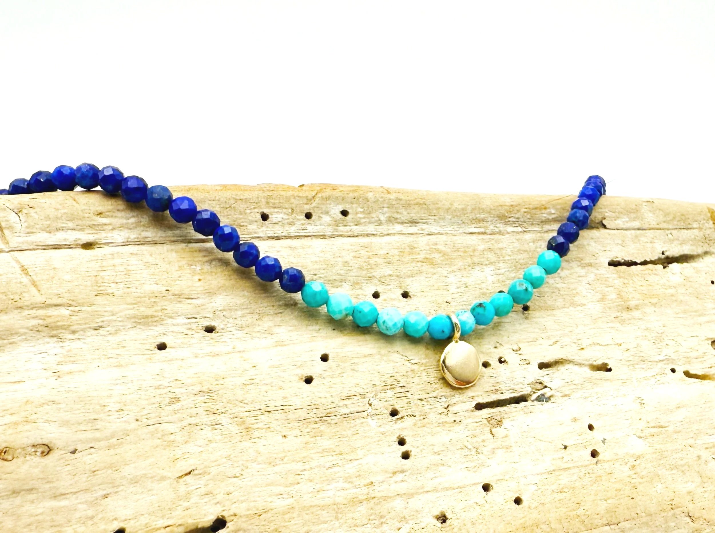 turquoise and lapis mixed bead necklace with disc pendant 14k