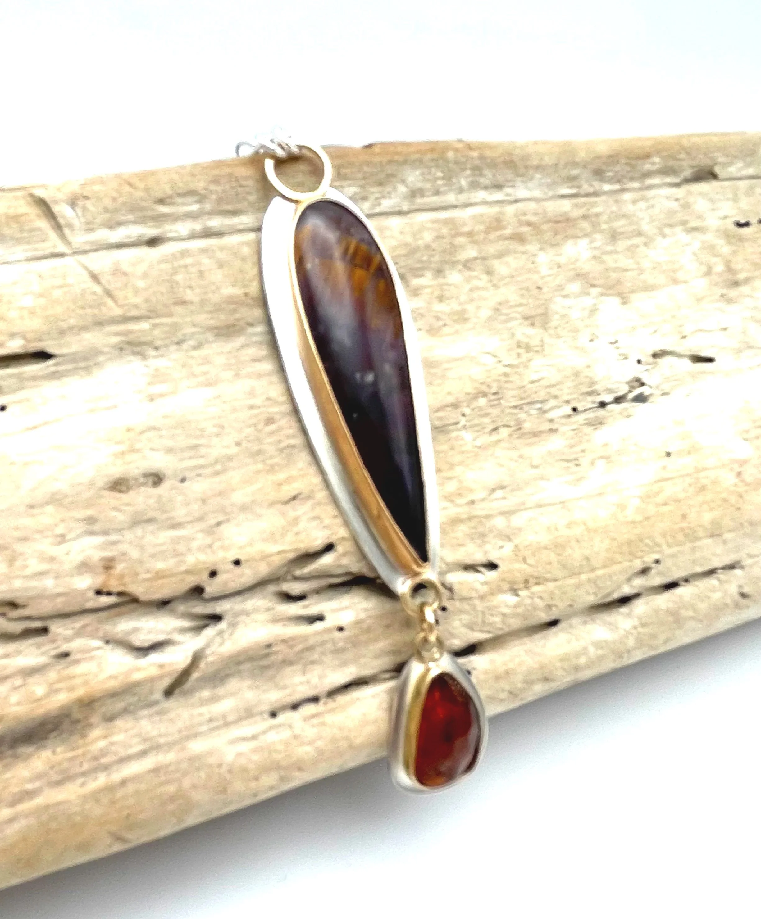 Amethyst and garnet one of a kind pendant necklace silver and gold