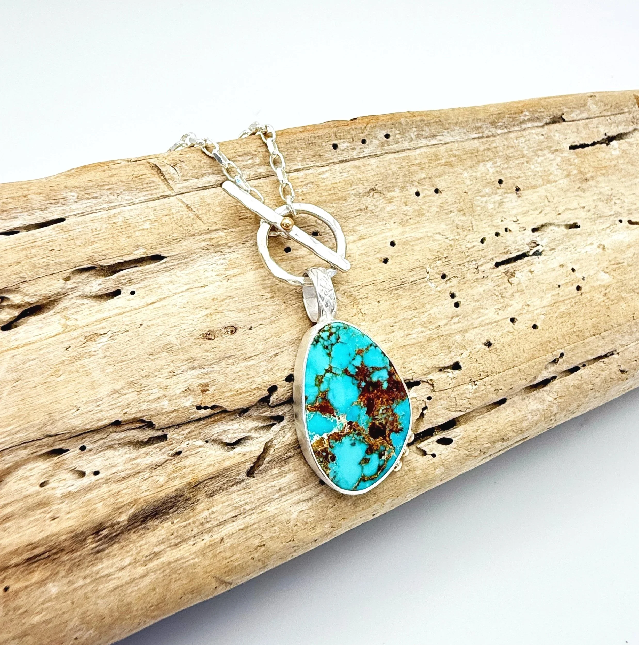 Handmade turquoise pendant necklace, silver and gold